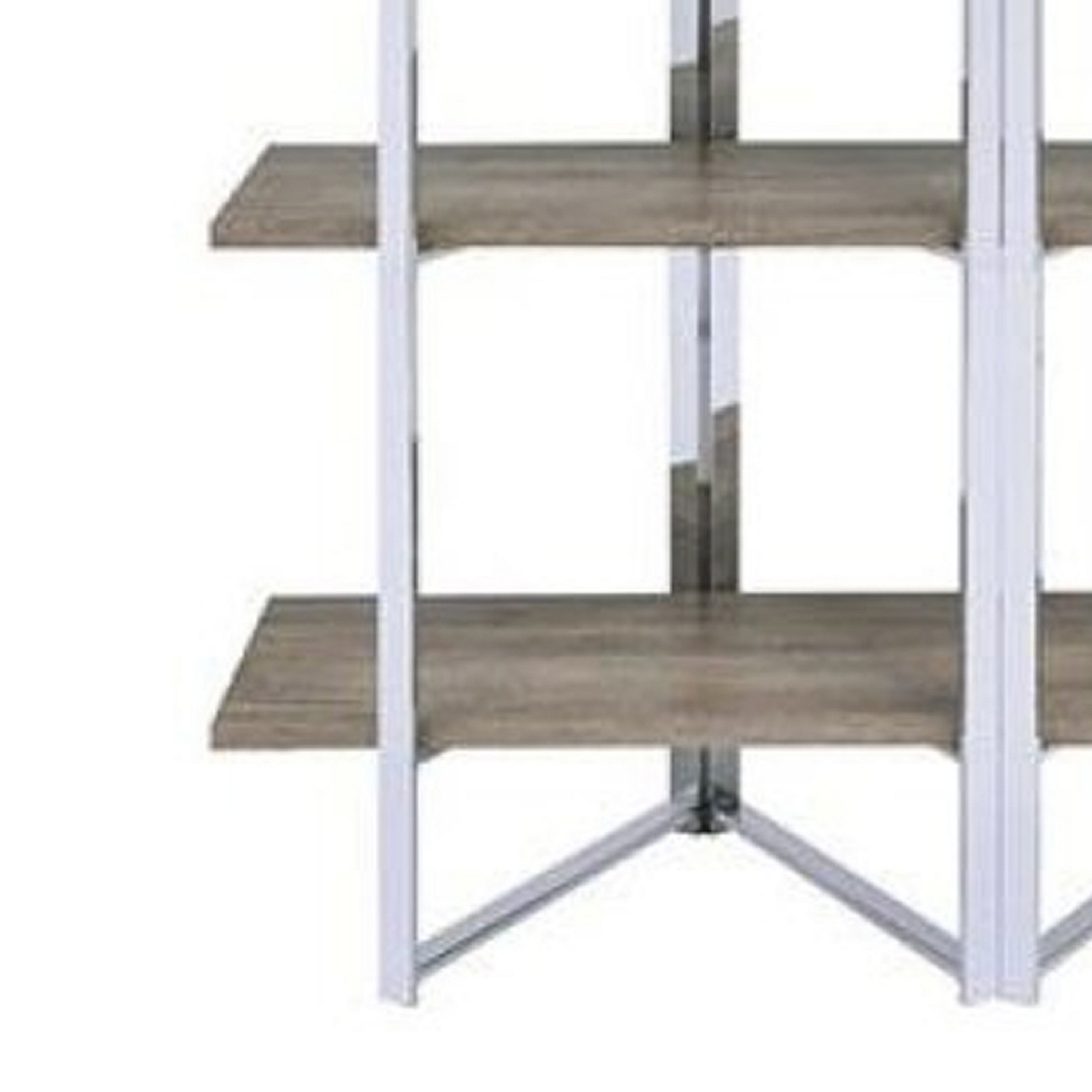 Geometric Metal Framed Bookshelf with Four Open Wooden Shelves, Brown and Silver