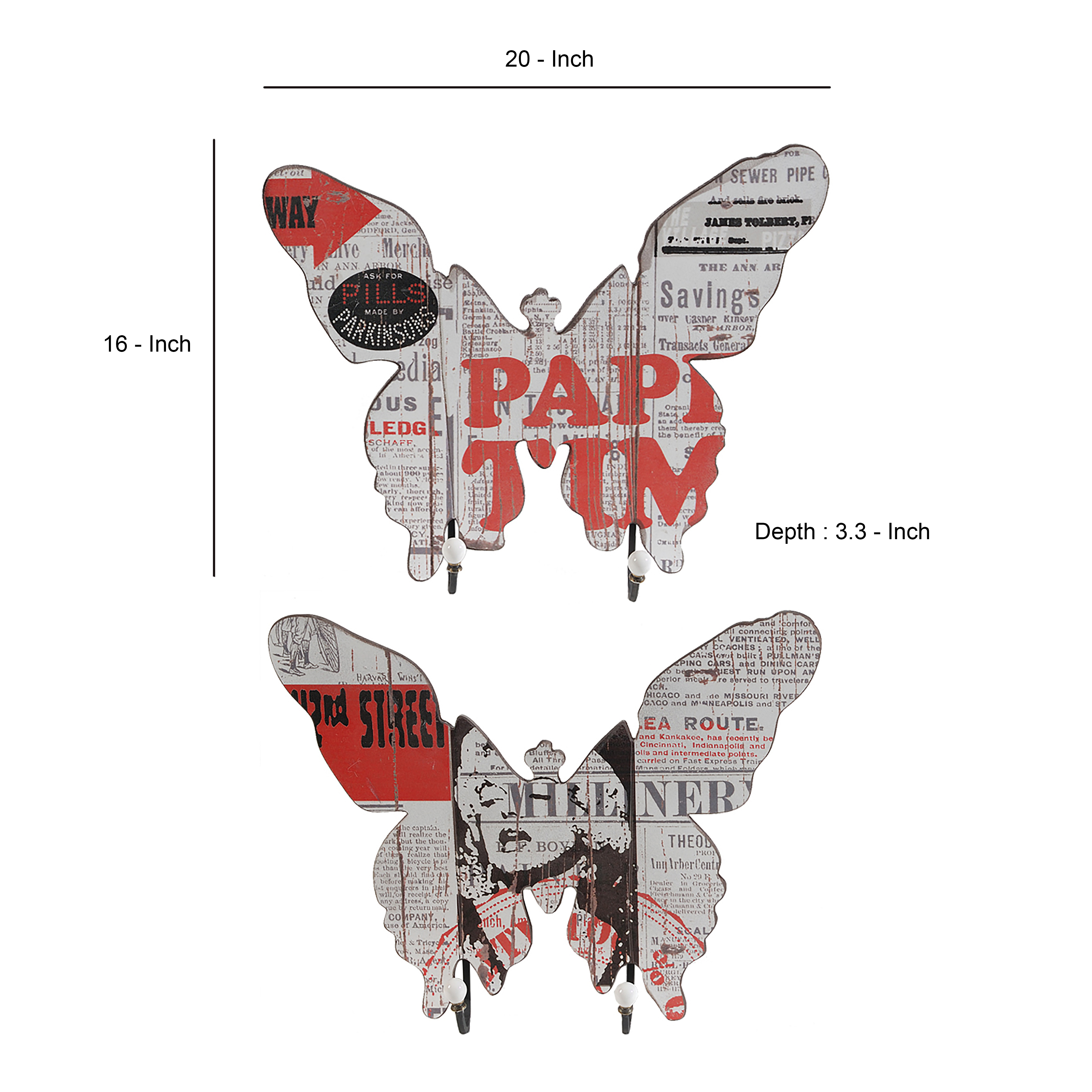 Butterfly Shaped Newspaper Print Wall Decor, Set of 2, Multicolor