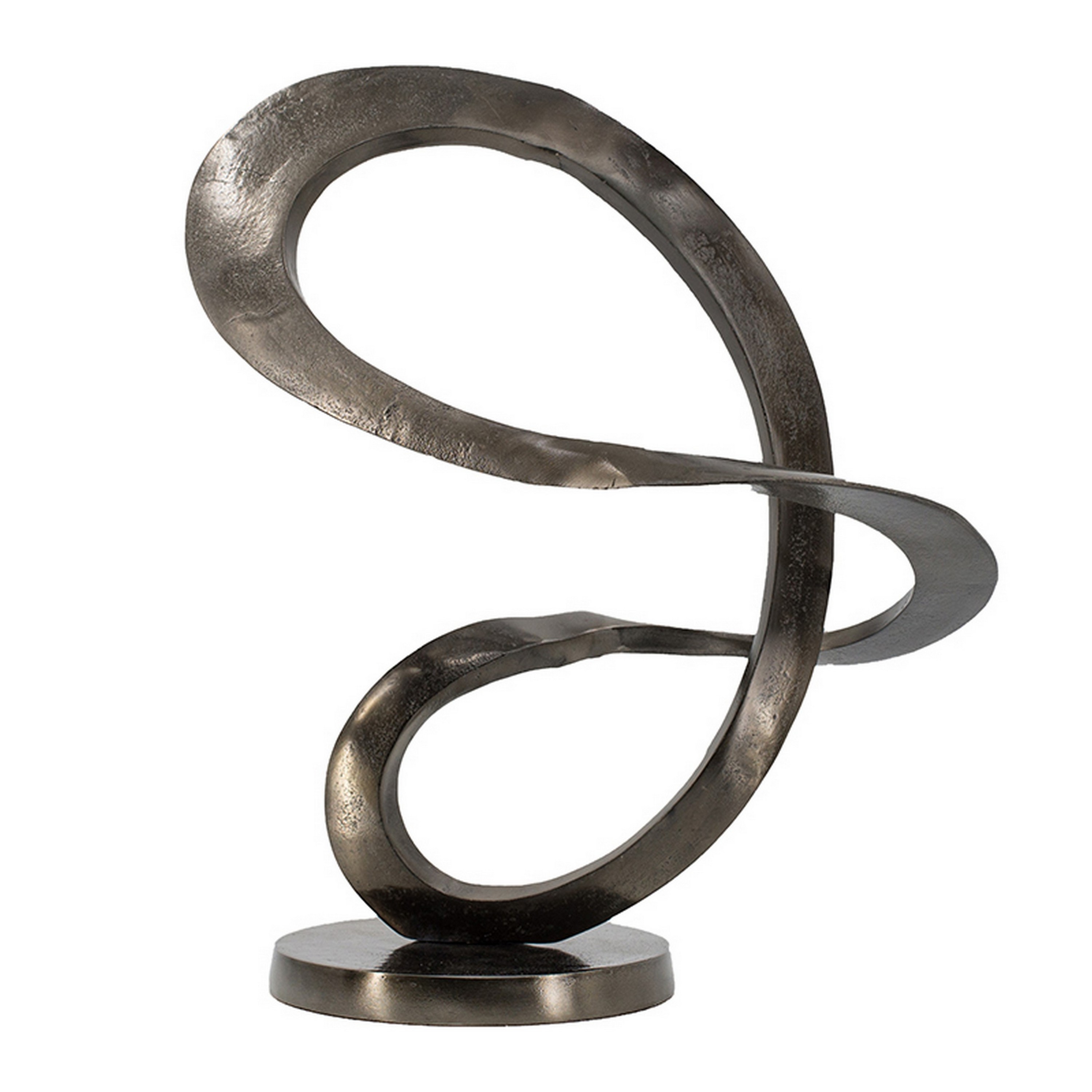 17 Inch Modern Sculpture, Black Aluminum, Tabletop Decor Loop, Round Base