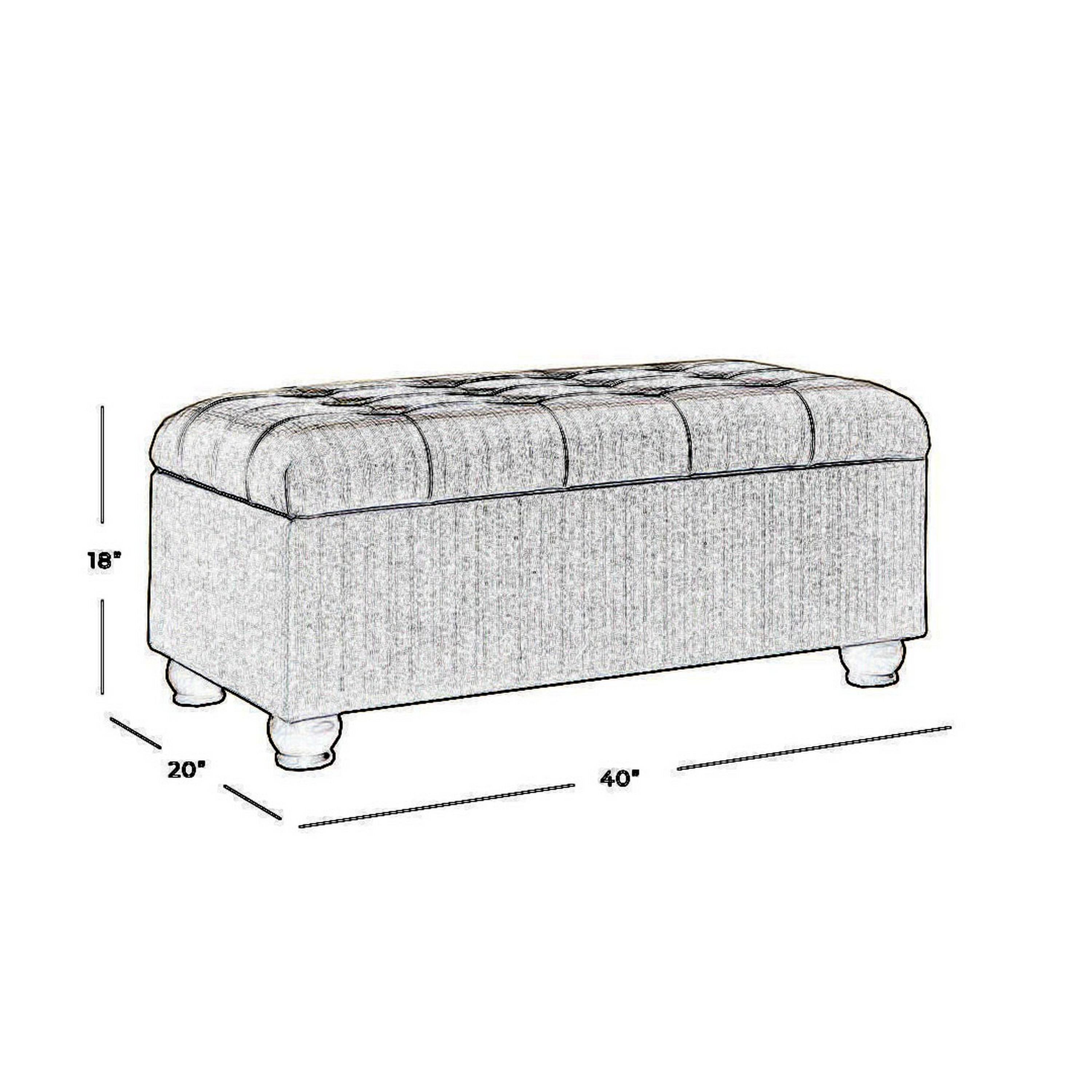 Textured Fabric Upholstered Button Tufted Storage Bench With Wooden Bun Feet, Gray and Brown