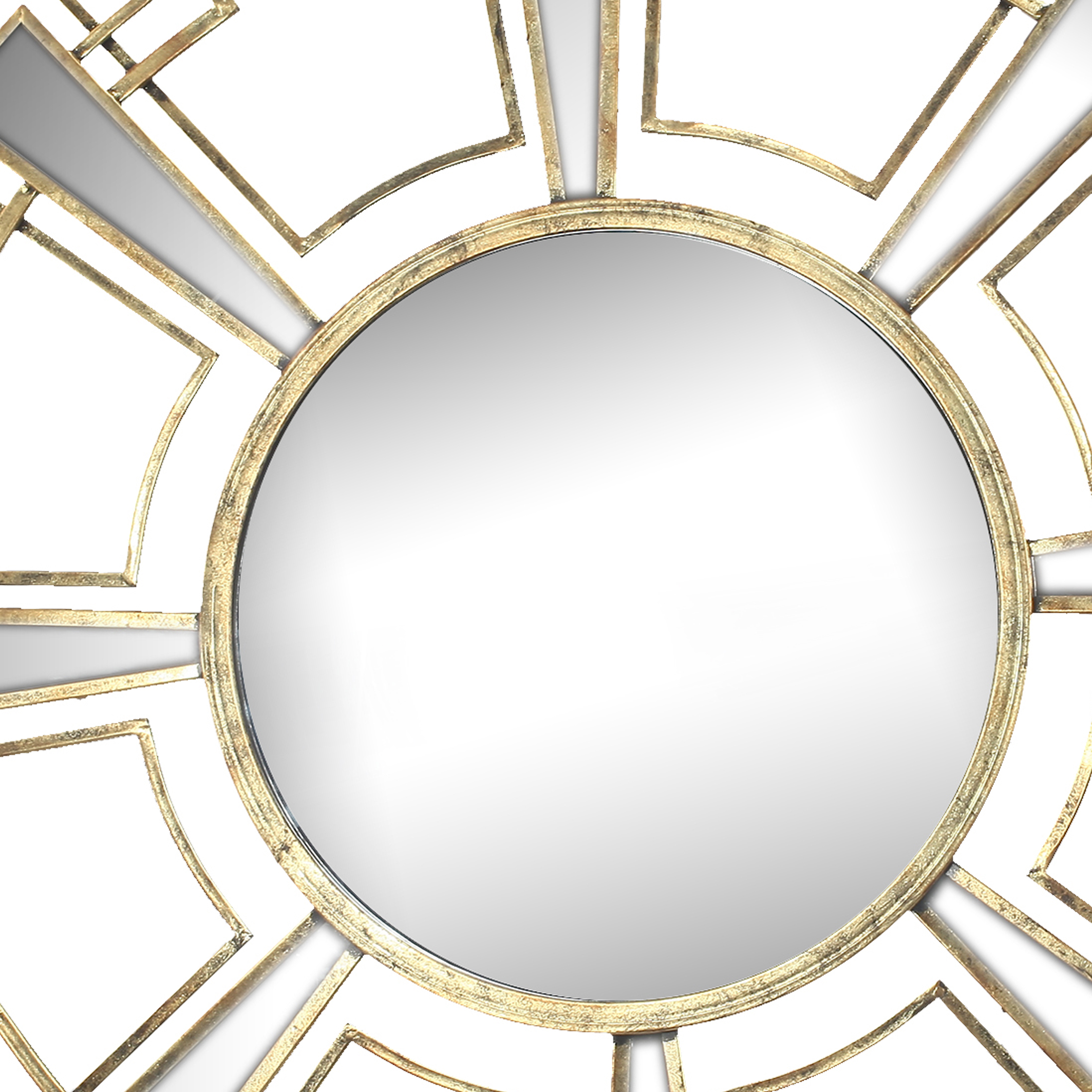 Round Sunburst Wall Mirror with Geometric Design Metal Frame, Gold