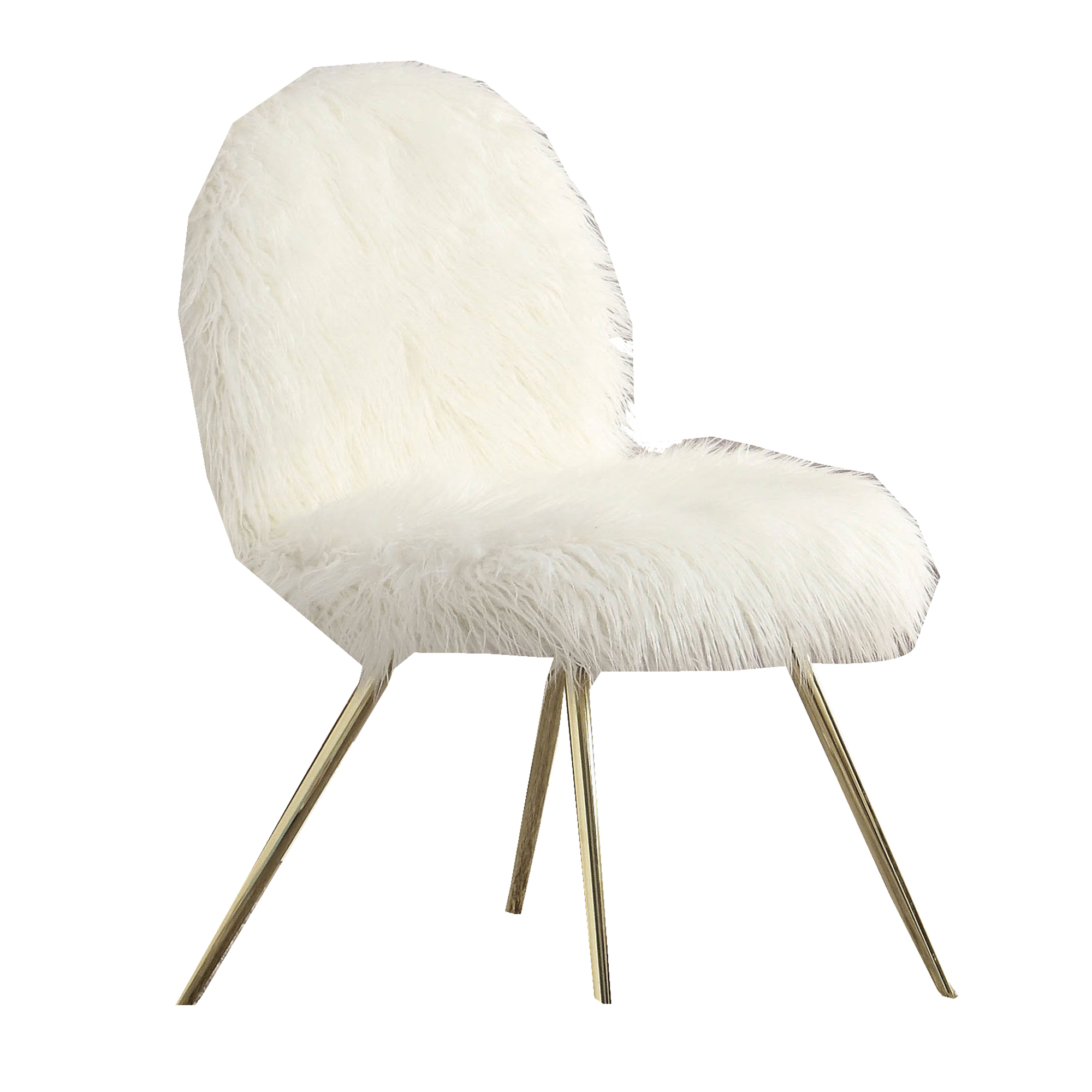 Faux Fur Upholstered Contemporary Metal Accent Chair, White and Gold