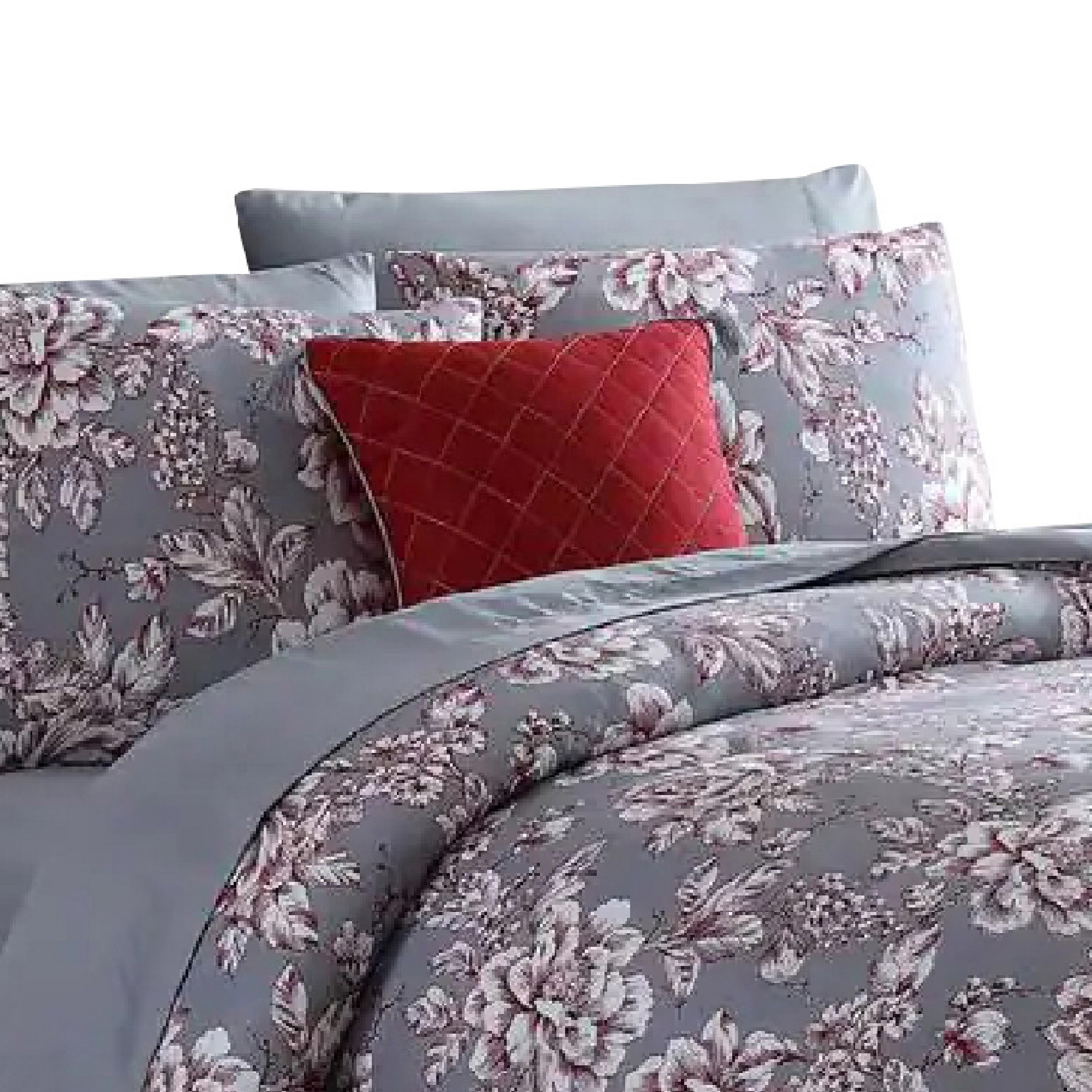 Tyler 8 Piece Microfiber Queen Bed Set, Floral Print, The Urban Port, Gray