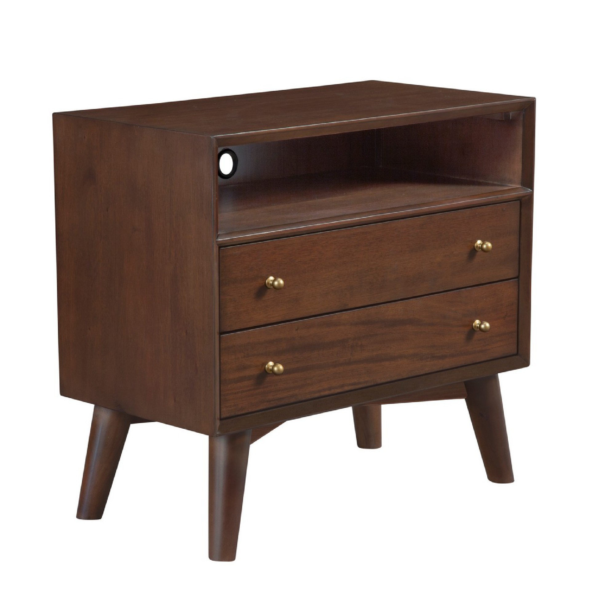 Ian 28 Inch 2 Drawer Nightstand, Open Cubby, Mahogany Wood, Walnut Brown