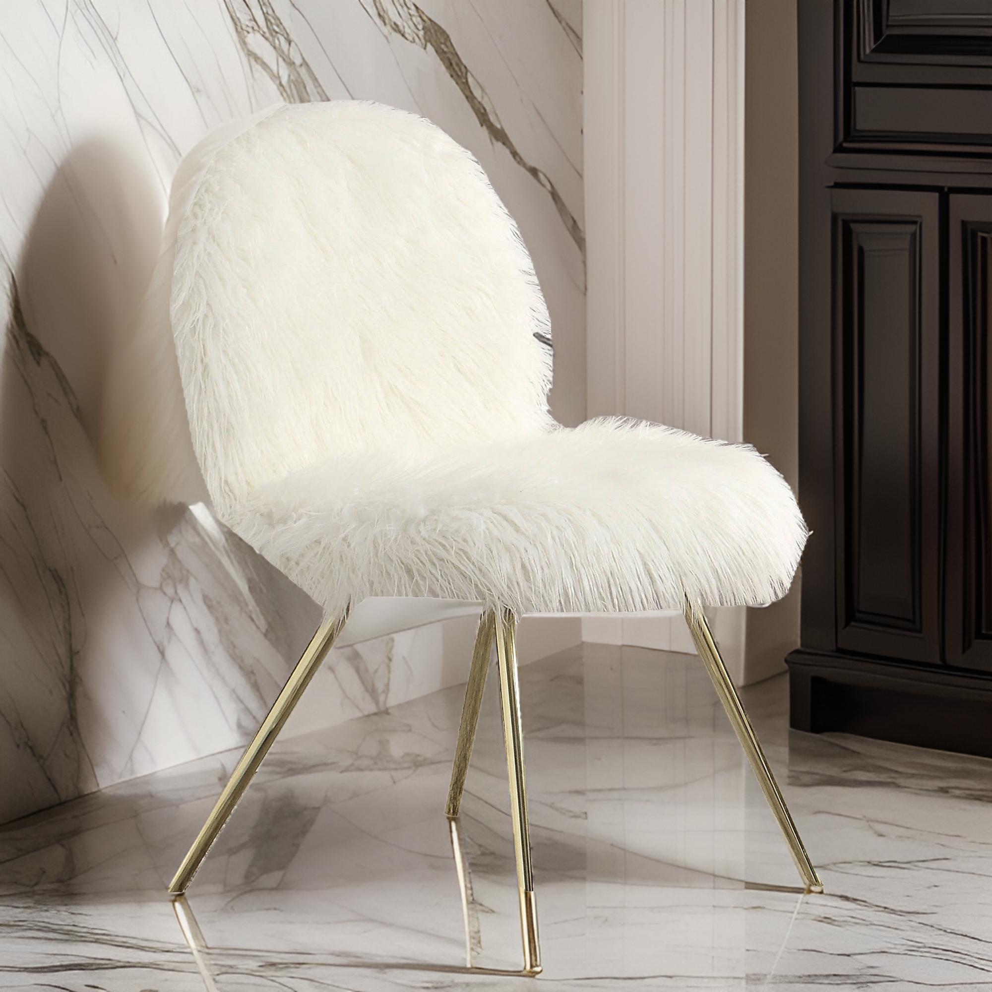 Faux Fur Upholstered Contemporary Metal Accent Chair, White and Gold