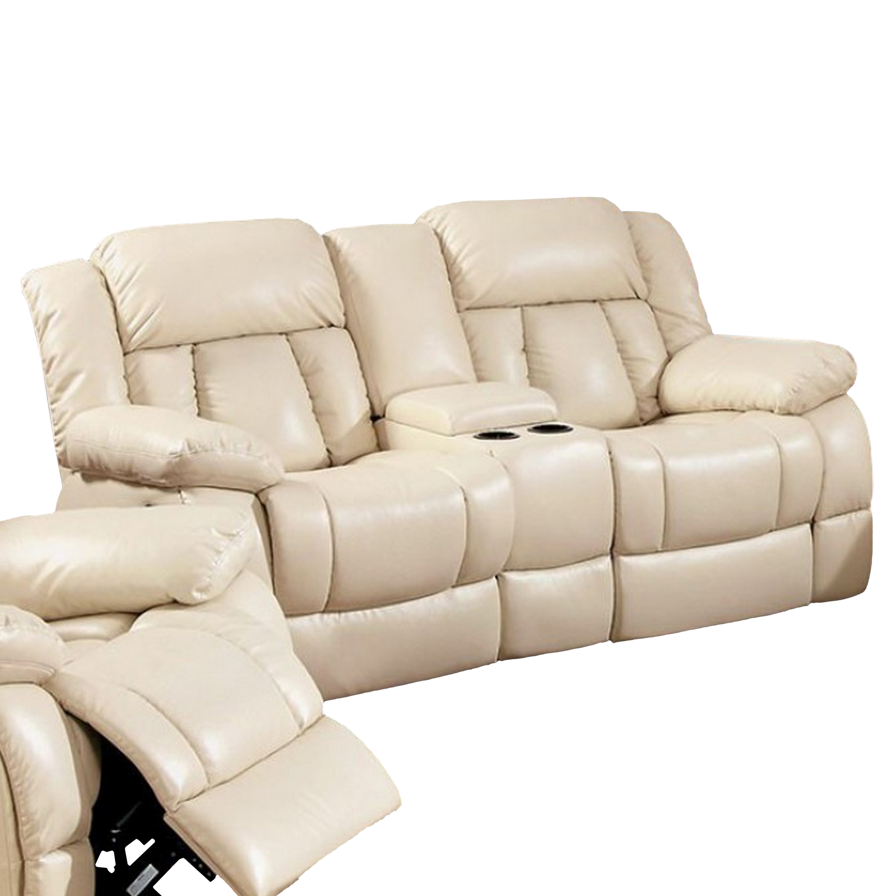 Leatherette Upholstered Transitional Love Seat With Cup Holders, Ivory Cream