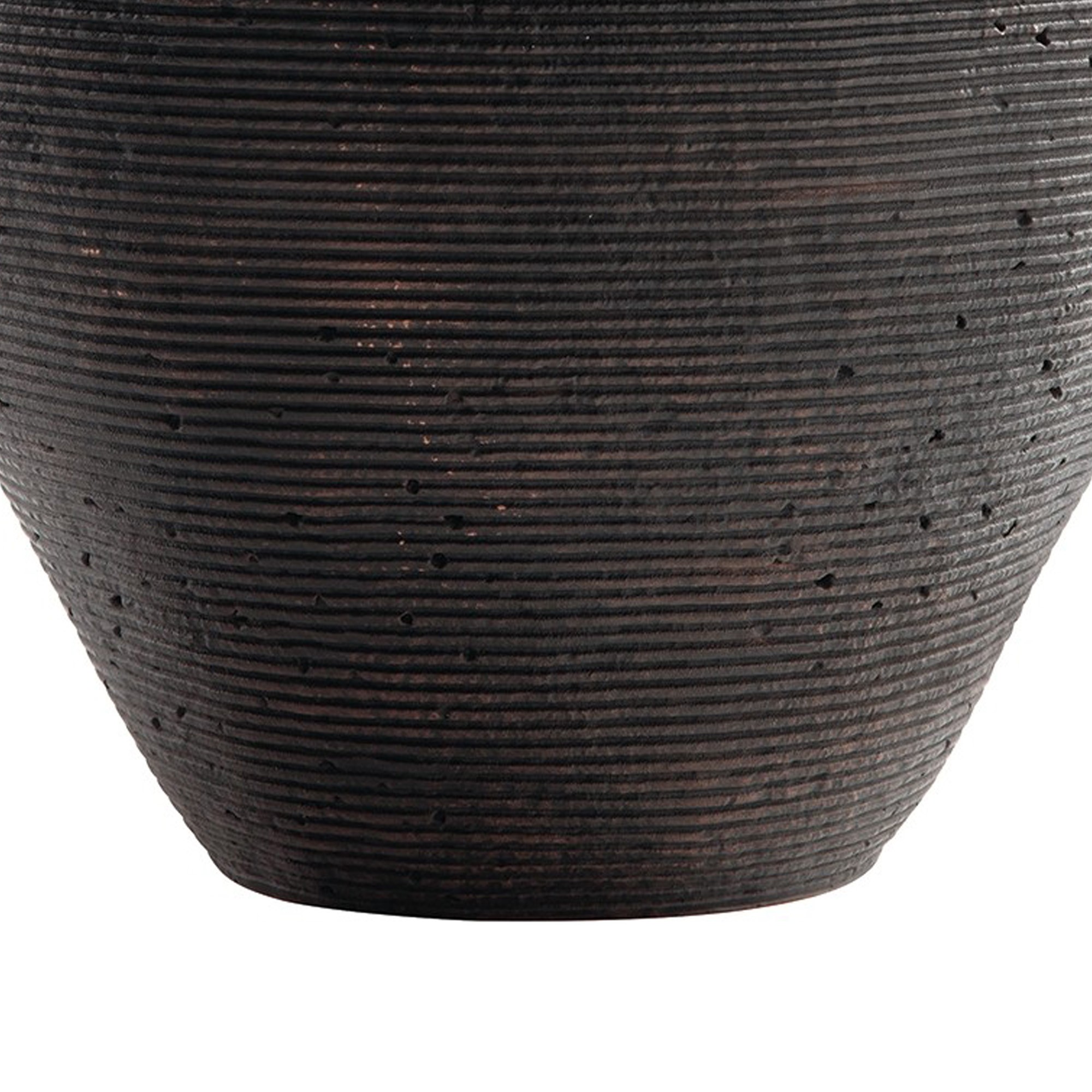 Dale 17 Inch Round Polyresin Vase, Tightly Ribbed Texture, Antique Brown