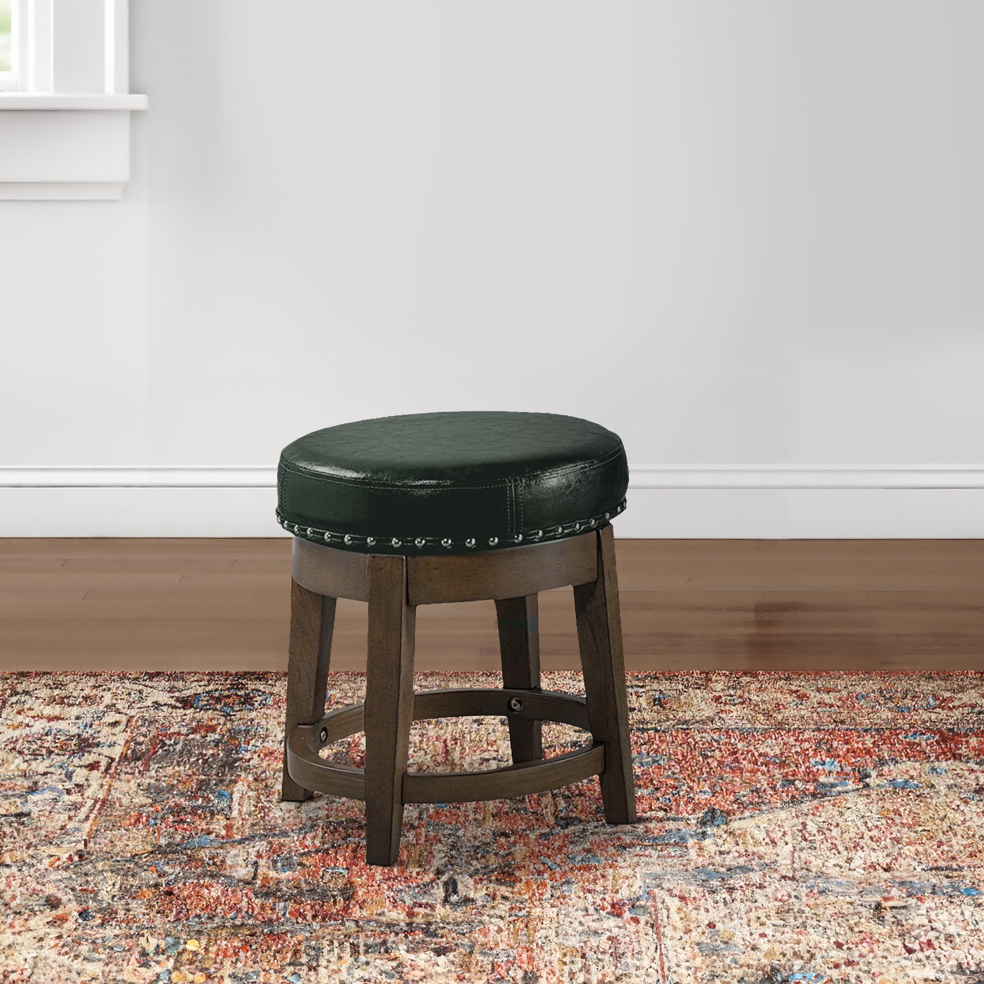 Drue 18 Inch Set of 2 Swivel Stools, Nailhead Trim, Green Faux Leather