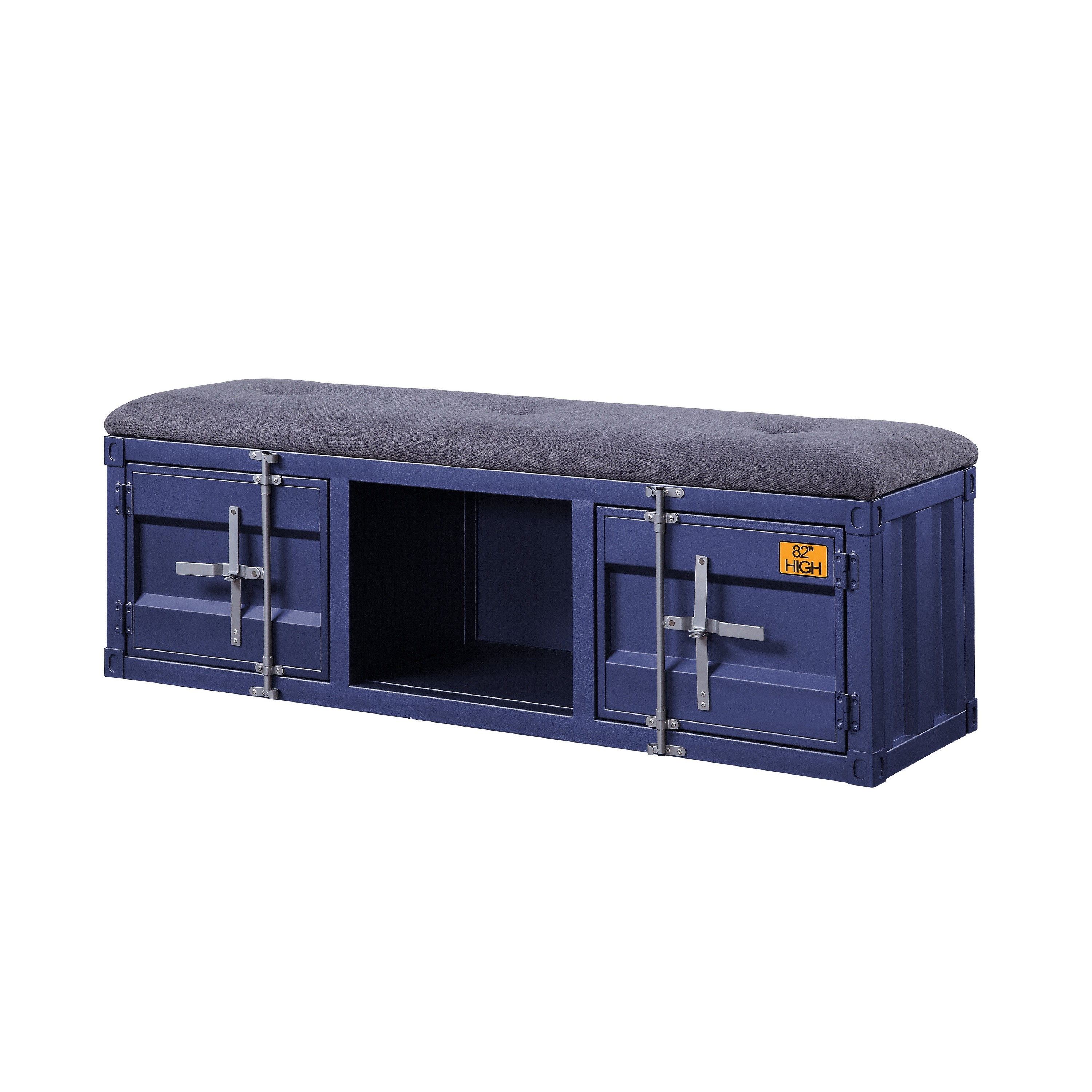 Industrial Metal and Fabric Bench with Open Storage, Blue and Gray