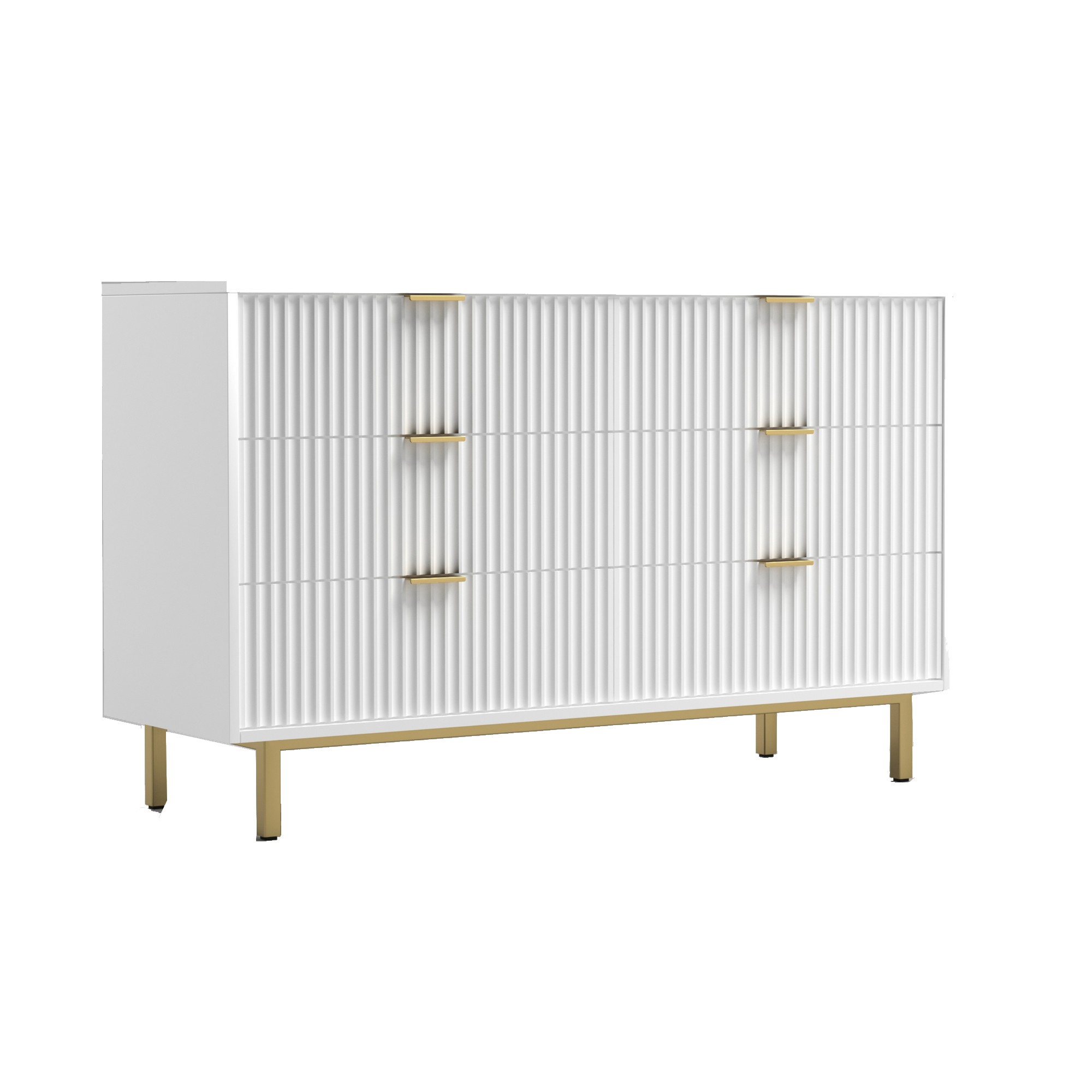 Beth 56 Inch 6 Drawer Dresser, Corrugated Panels, White Mahogany Wood, Gold