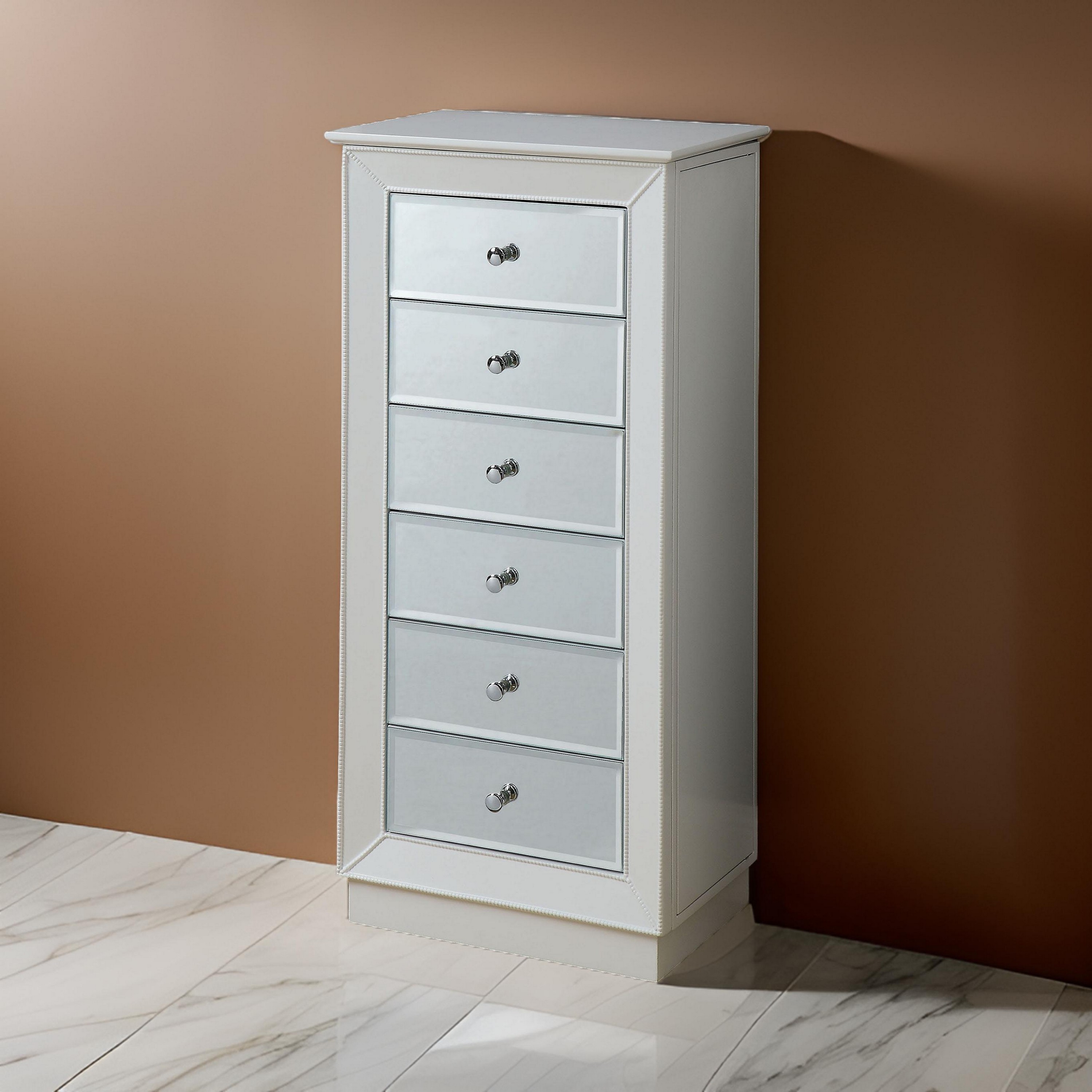 Wood Jewelry Armoire Having 6 Drawers with Mirror Front, White