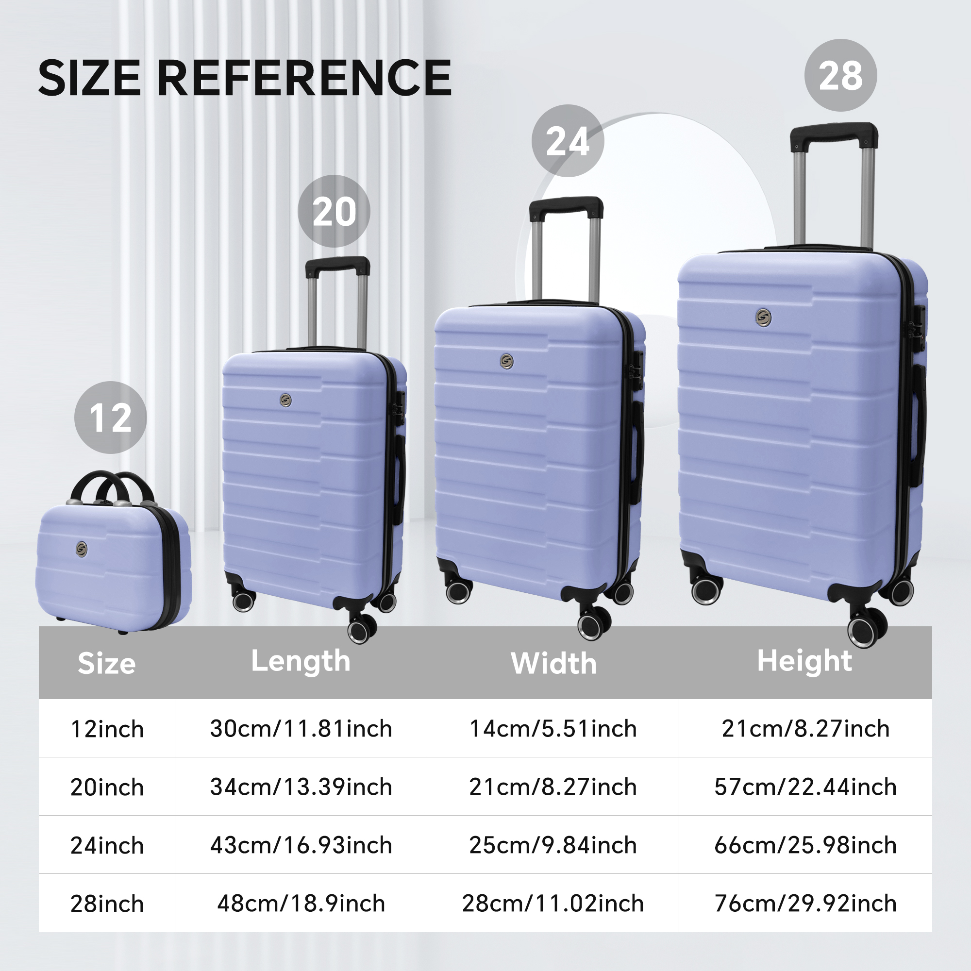 4 Piece Hard Shell Luggage Set,Carry on Suitcase with Spinner Wheels,Family Luggage Set,Lavender Purple(12/20/24/28in)