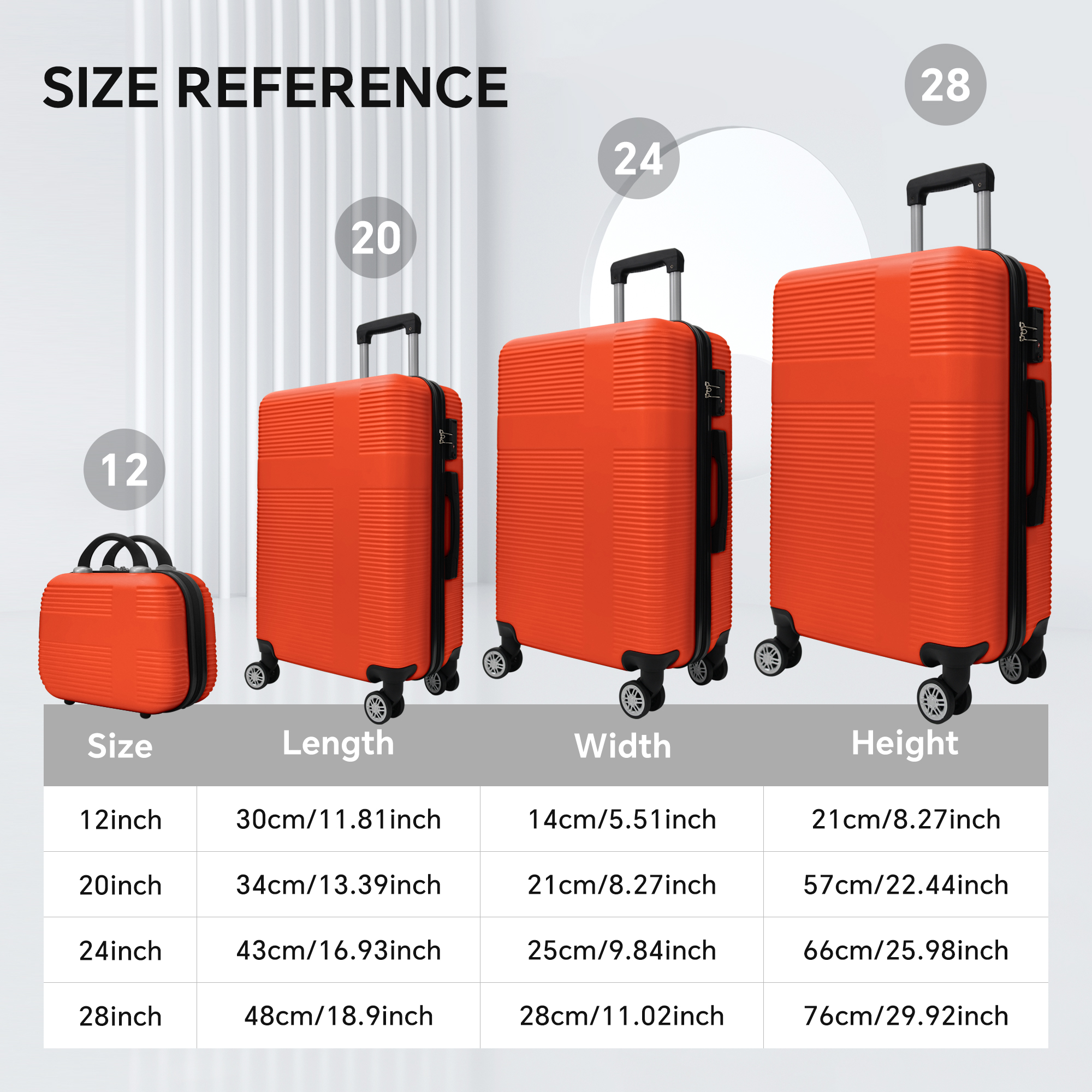 Luggage 4 Piece Set with Spinner Wheels, Hardshell Lightweight Suitcase with TSA Lock,Checked Luggage,Orange(12/20/24/28in)