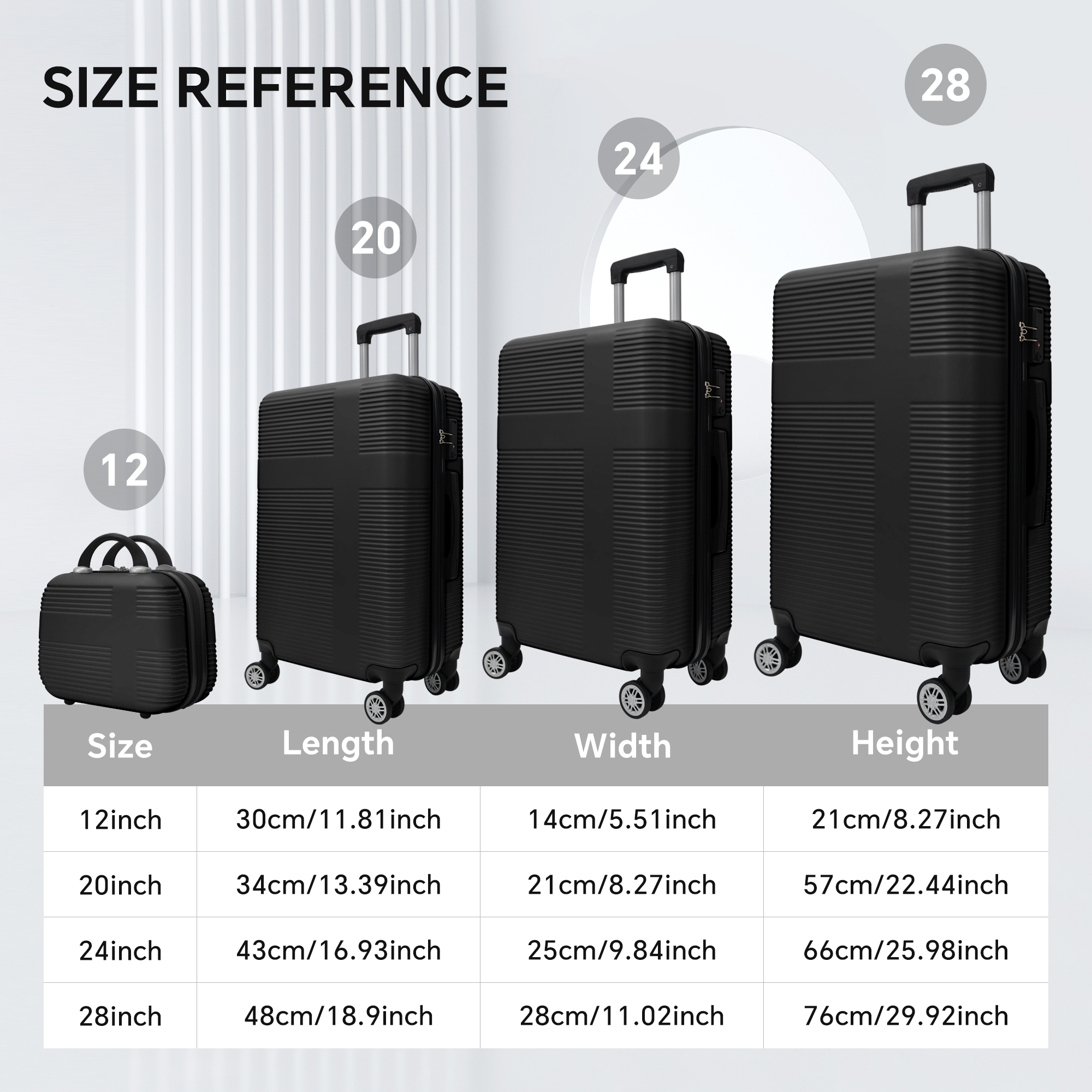 Luggage 4 Piece Set with Spinner Wheels, Hardshell Lightweight Suitcase with TSA Lock,Checked Luggage,Black(12/20/24/28in)