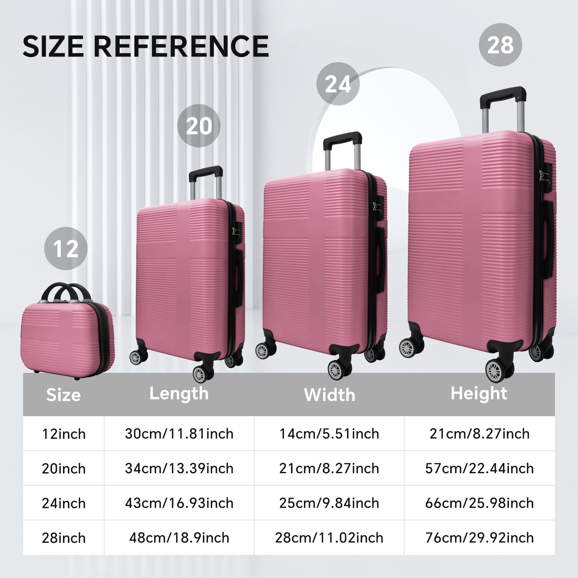 Luggage 4 Piece Set with Spinner Wheels, Hardshell Lightweight Suitcase with TSA Lock,Checked Luggage,Pink(12/20/24/28in)