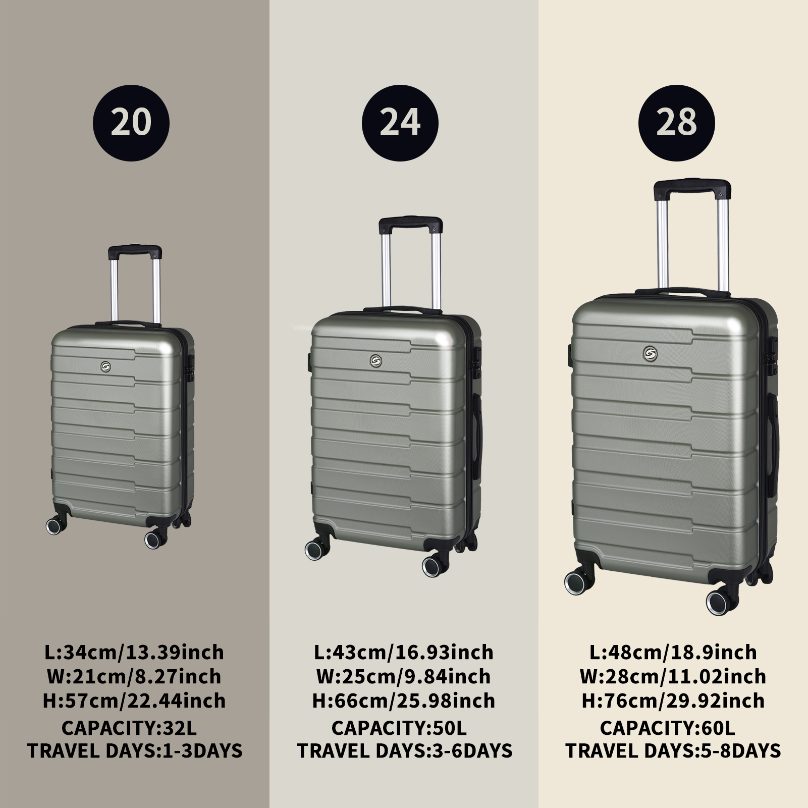 Luggage Suitcase 3 Piece Sets Hardside Carry-on luggage with Spinner Wheels 20"/24"/28"