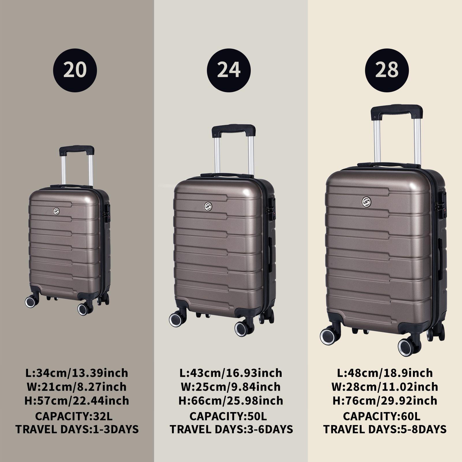 Luggage Suitcase 3 Piece Sets Hardside Carry-on luggage with Spinner Wheels 20"/24"/28"