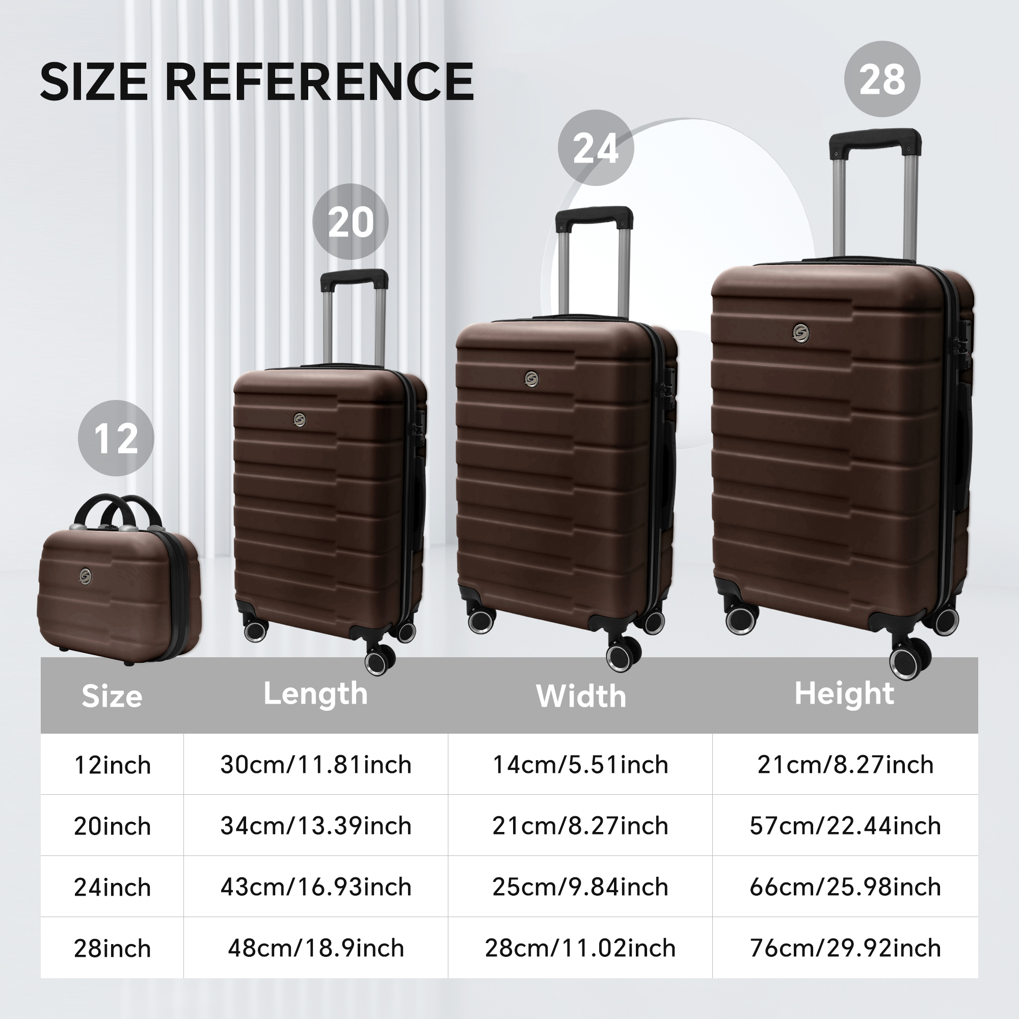 4 Piece Hard Shell Luggage Set,Carry on Suitcase with Spinner Wheels,Family Luggage Set,Brown(12/20/24/28in)