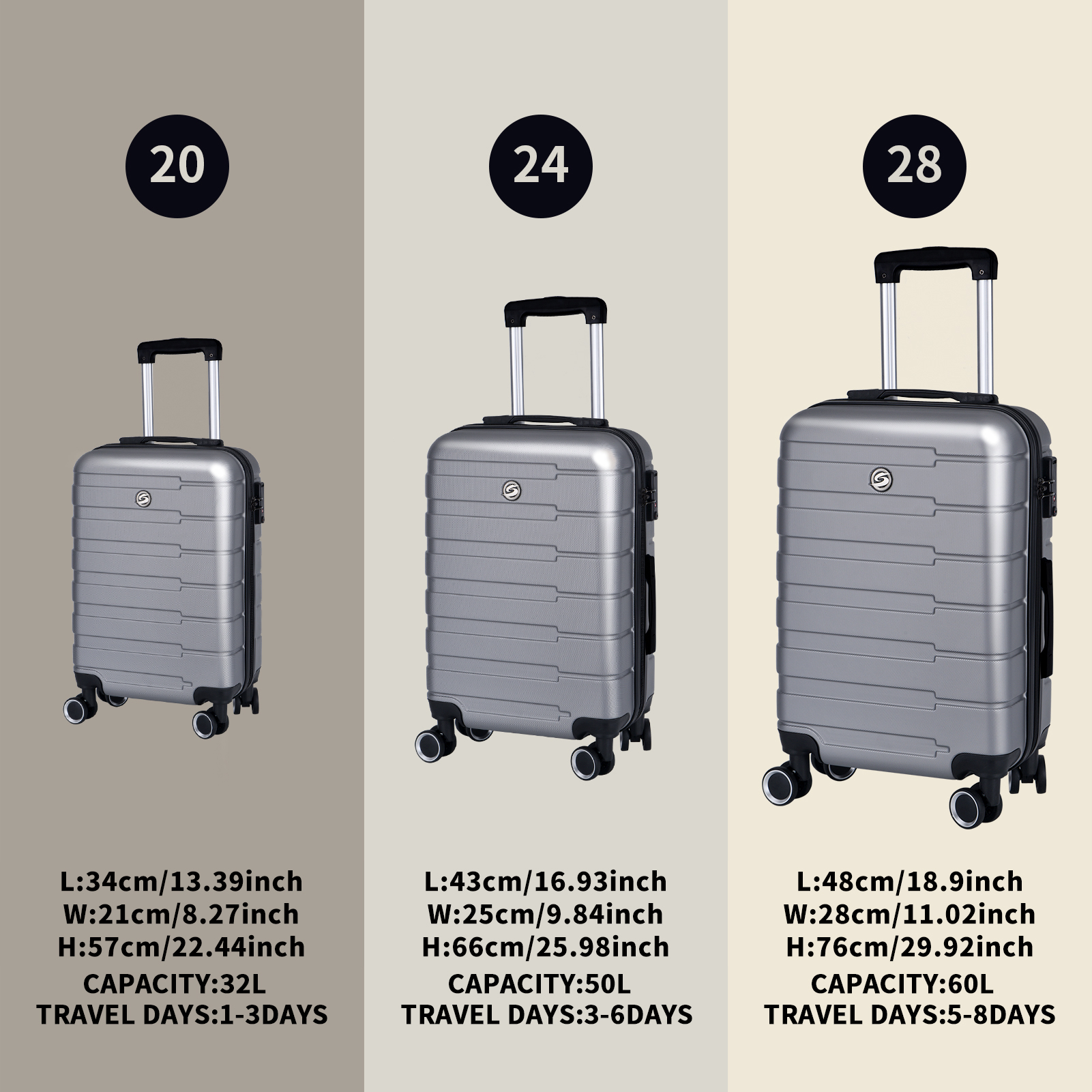 Luggage Suitcase 3 Piece Sets Hardside Carry-on luggage with Spinner Wheels 20"/24"/28"