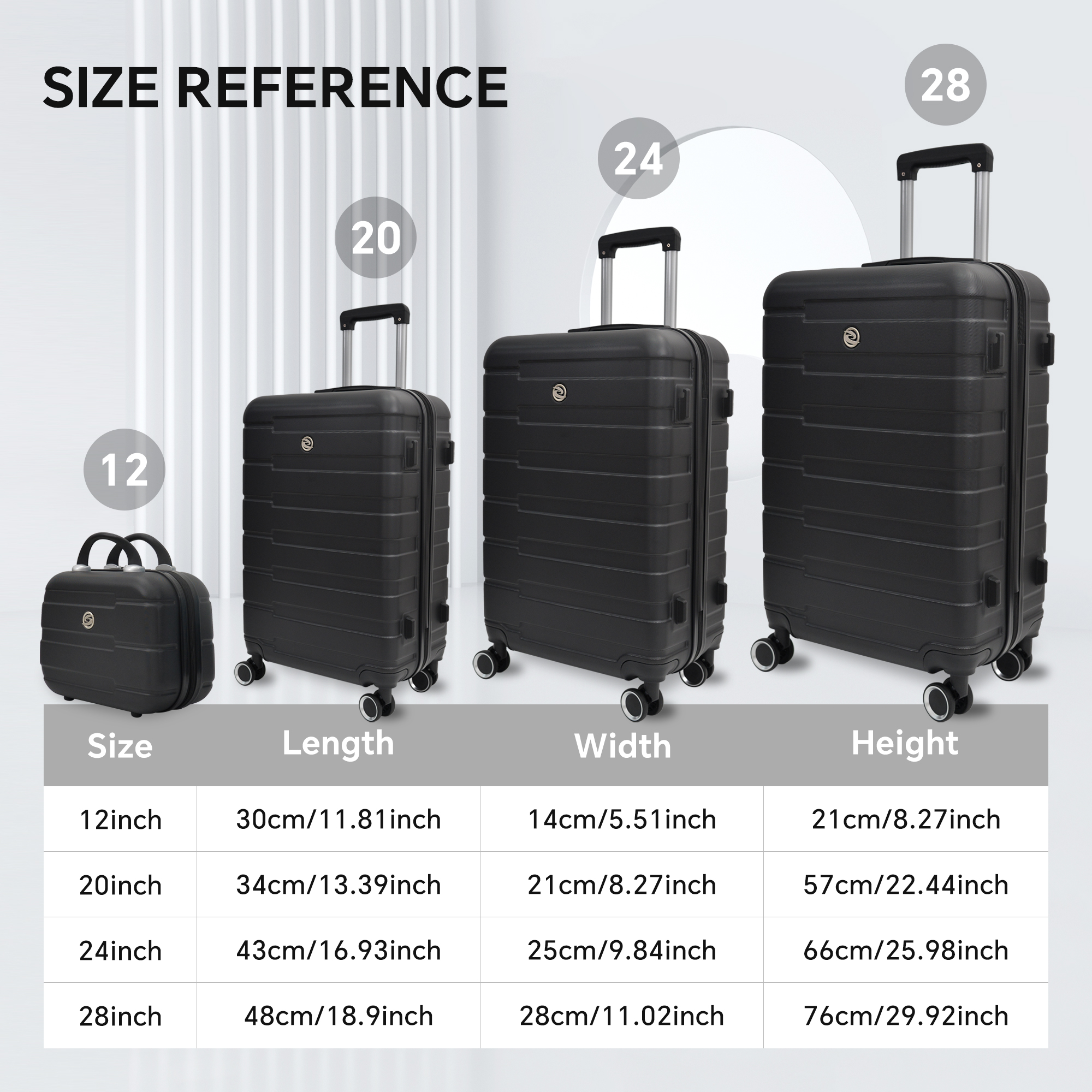 4 Piece Hard Shell Luggage Set,Carry on Suitcase with Spinner Wheels,Family Luggage Set,Black(12/20/24/28in)