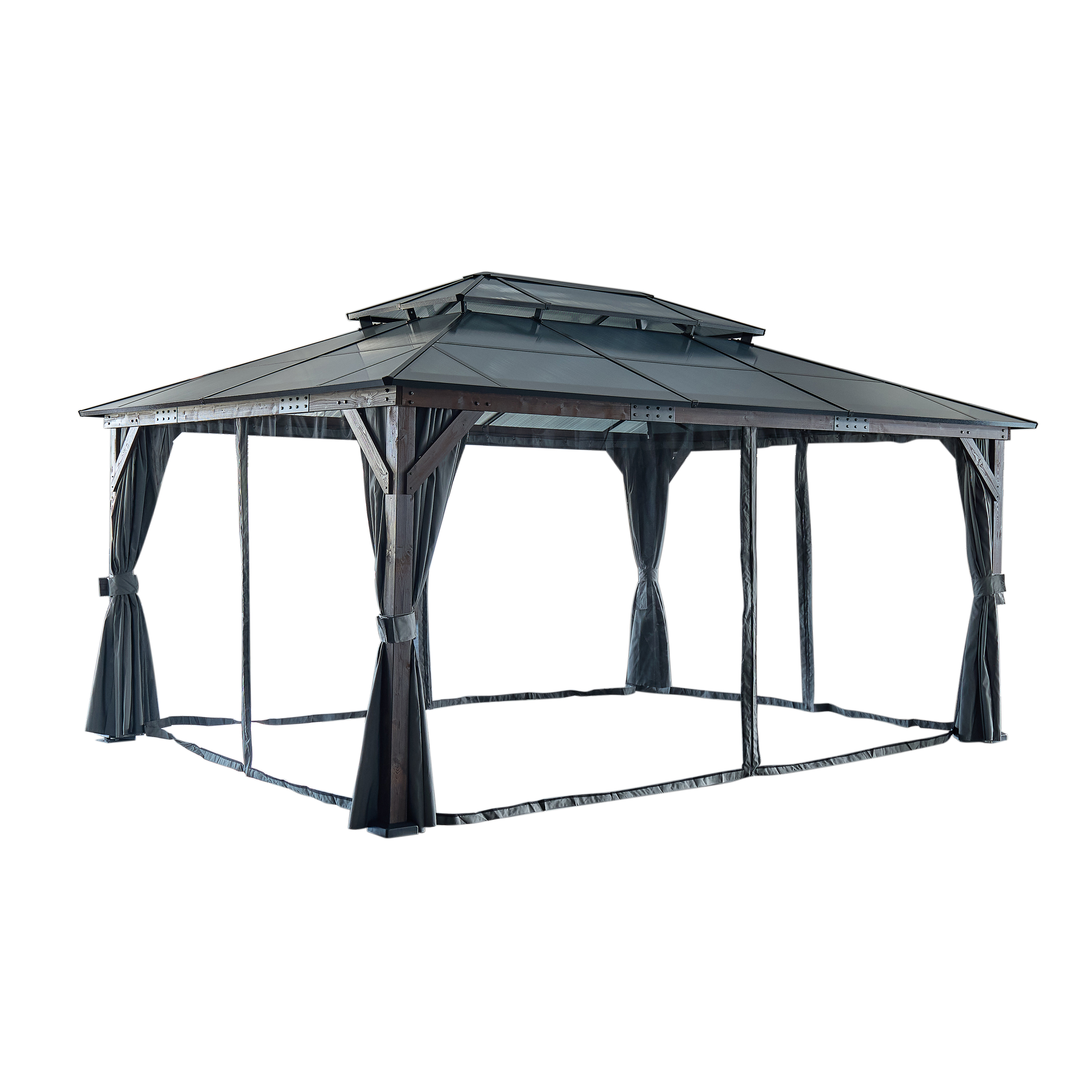 10' x 13' Hardtop Cedar Wood Gazebo for Patios, Outdoor Cedar Framed Gazebo with Double Metal Roof, Solid Wooden Framed Gazebo with Privacy Curtains and Mosquito Nettings for Garden, Backyard