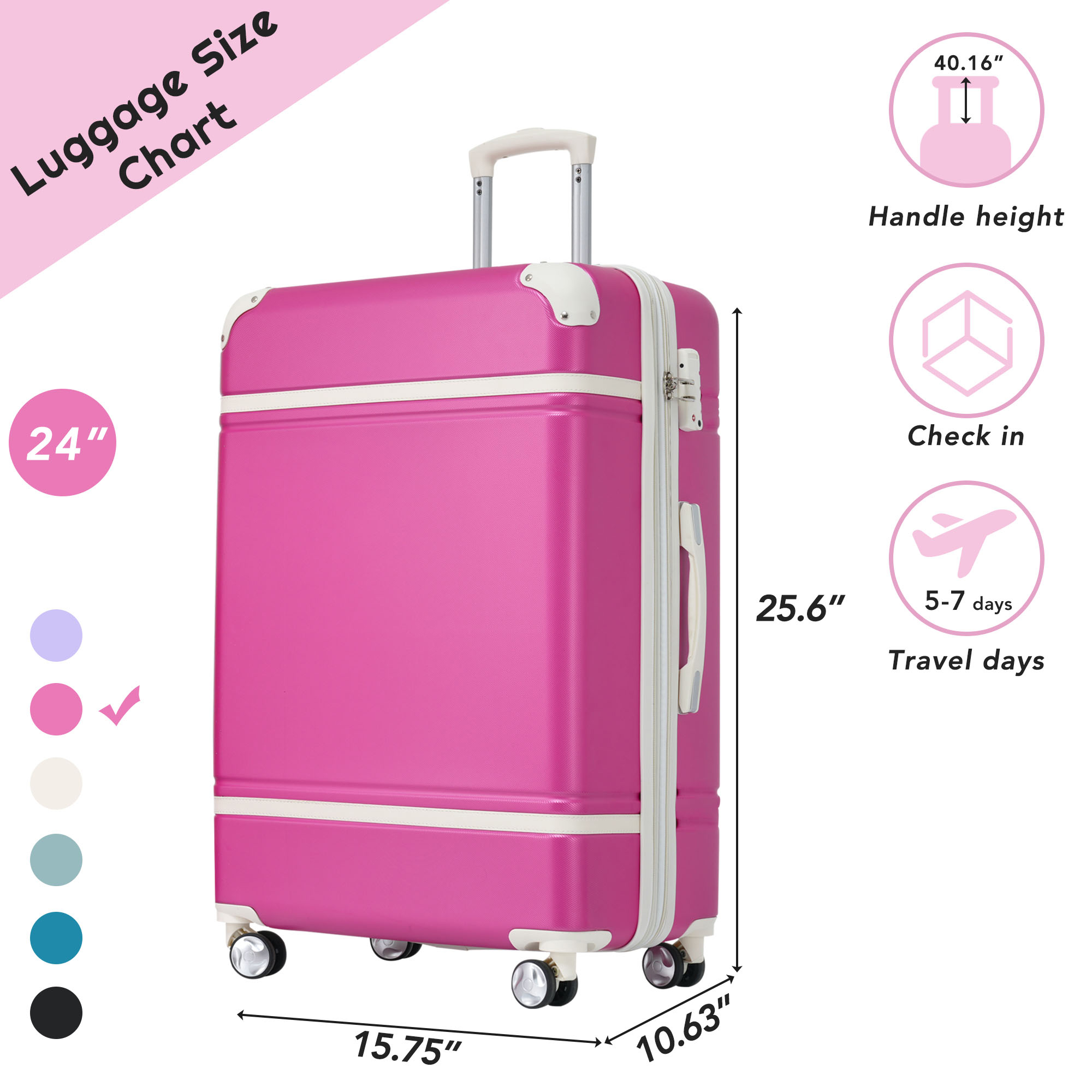 24 IN Luggage 1 Piece with TSA lock , Expandable Lightweight Suitcase Spinner Wheels, Vintage Luggage,Pink