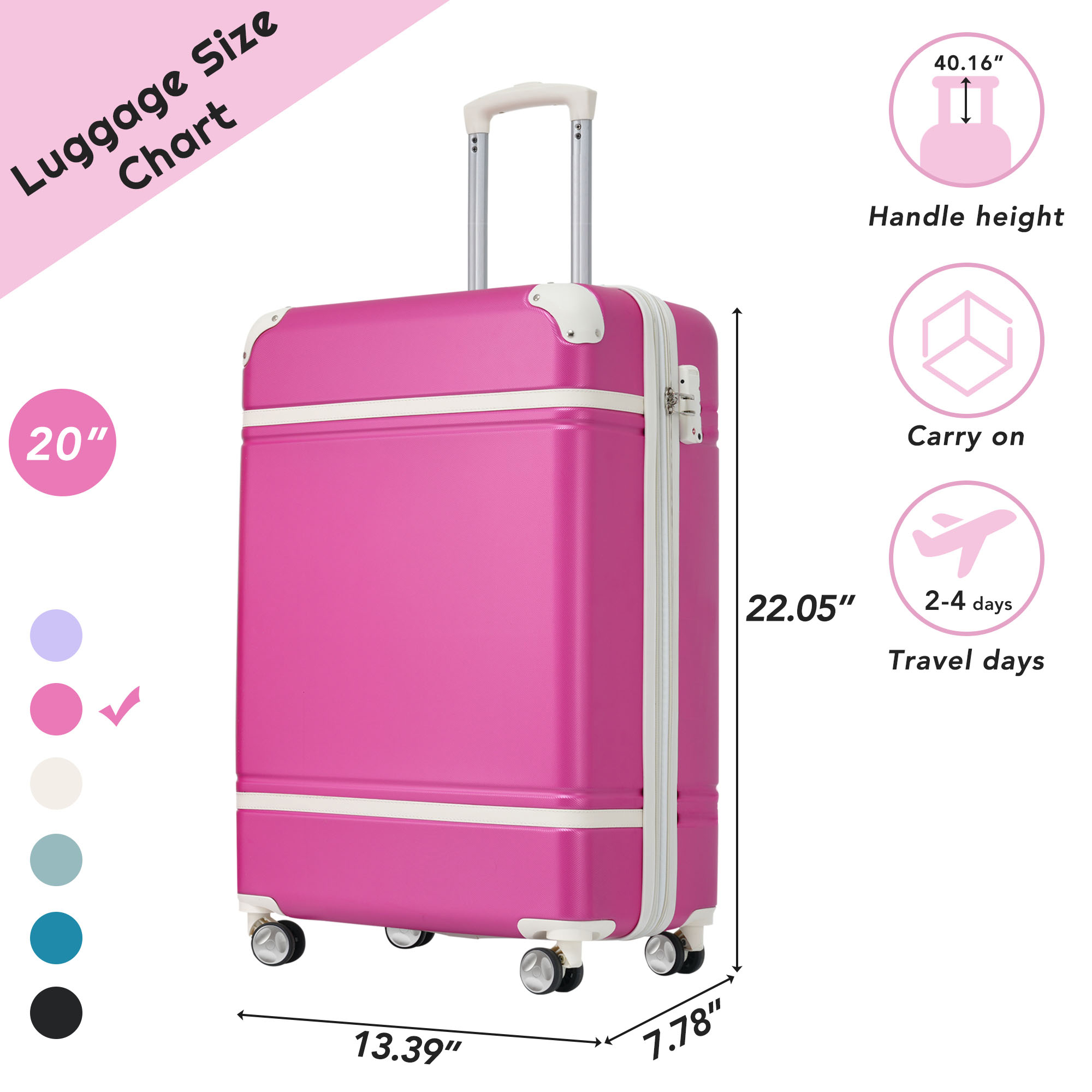 20 IN Luggage 1 Piece with TSA lock , Lightweight Suitcase Spinner Wheels,Carry on Vintage Luggage,Pink