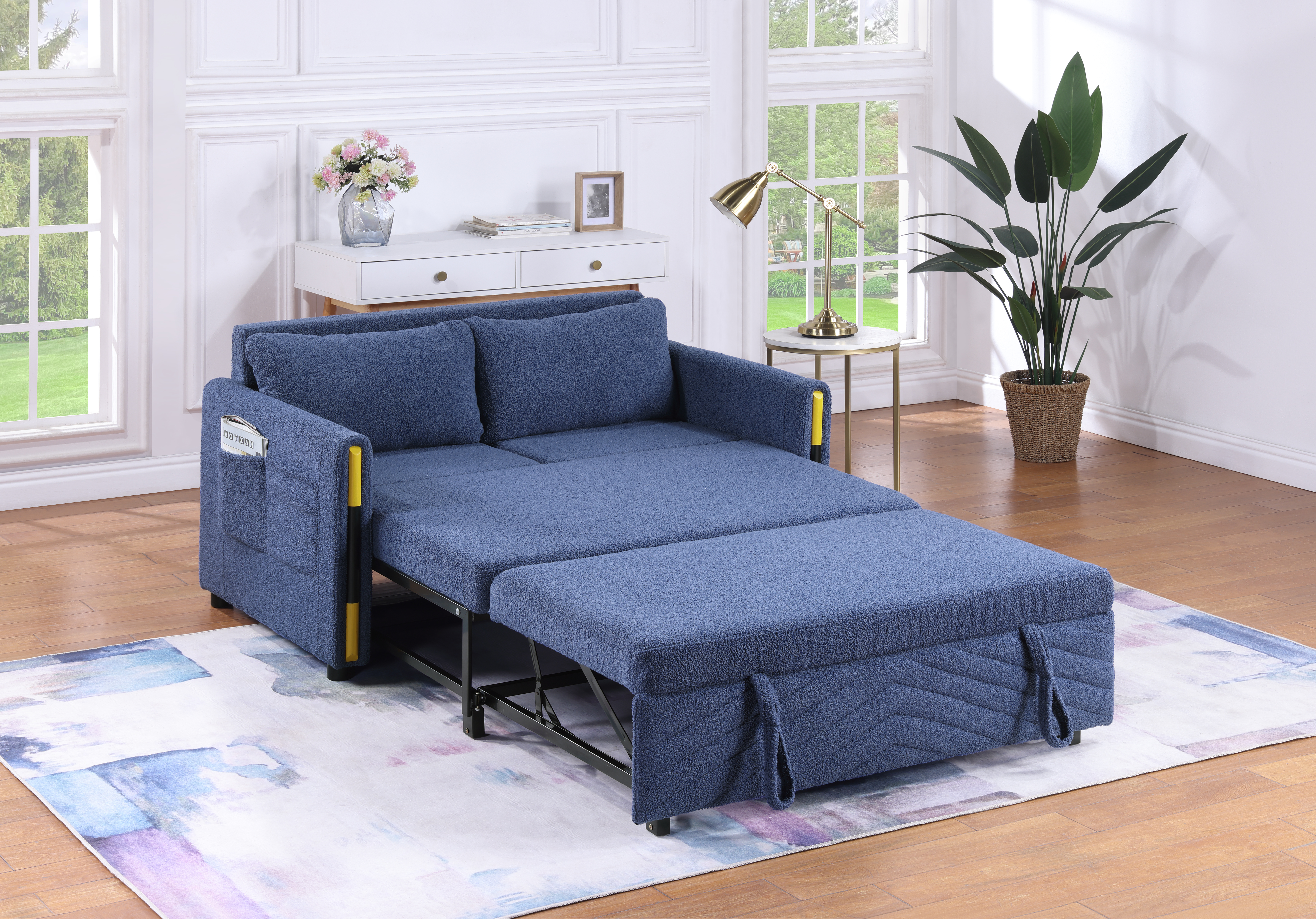 Percy 55.5" Navy Teddy Velvet Sleeper Loveseat with Side Pockets