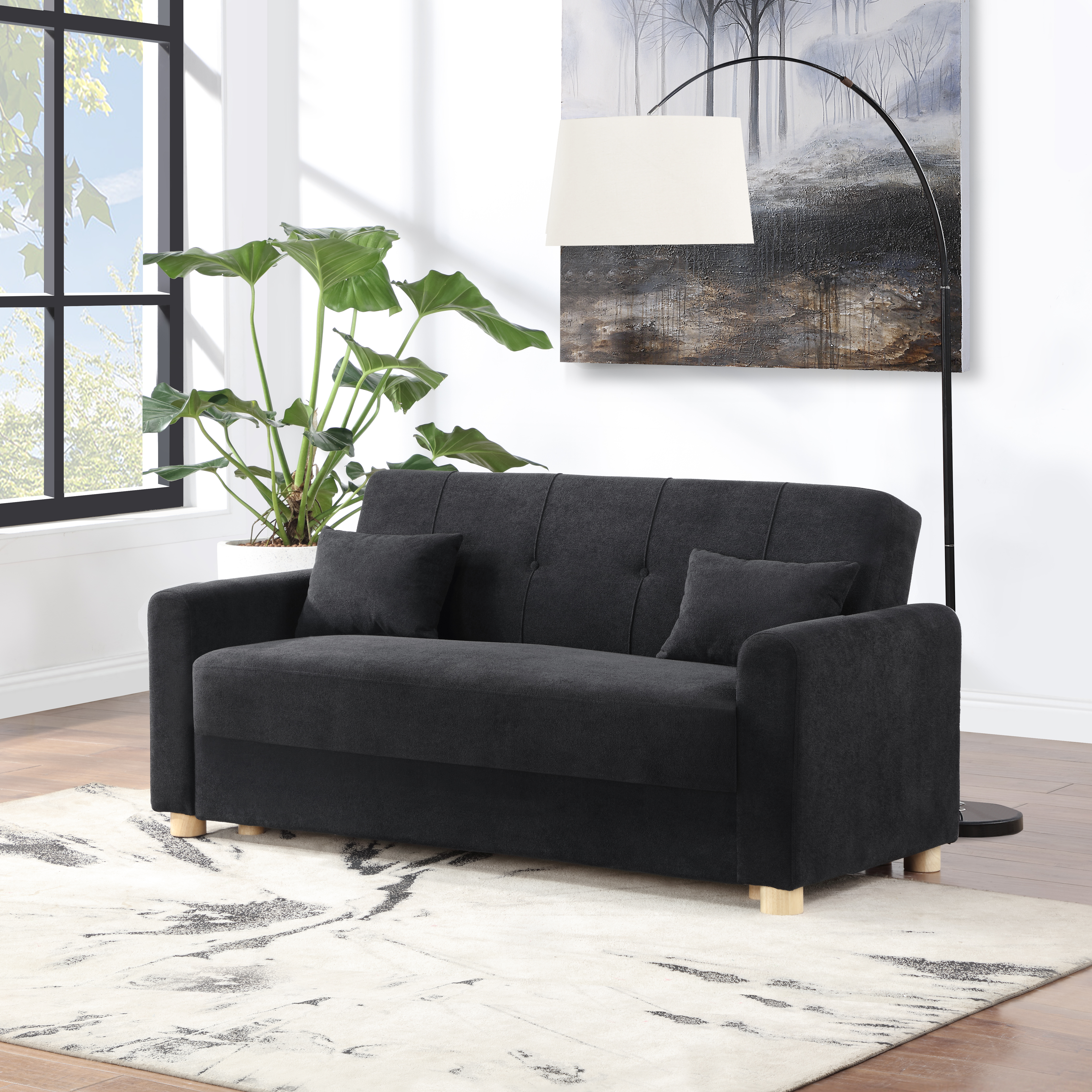 Thomas 66"W Black Fabric Convertible Sleeper Loveseat with Storage