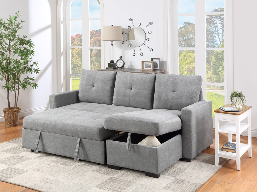 Serenity 87.5" Gray Fabric Reversible Sleeper Sectional Sofa with Storage Chaise