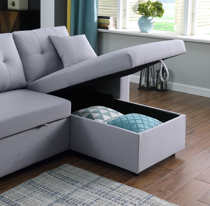 Dennis 93" Light Gray Linen Fabric Reversible Sleeper Sectional with Storage Chaise and 2 Stools