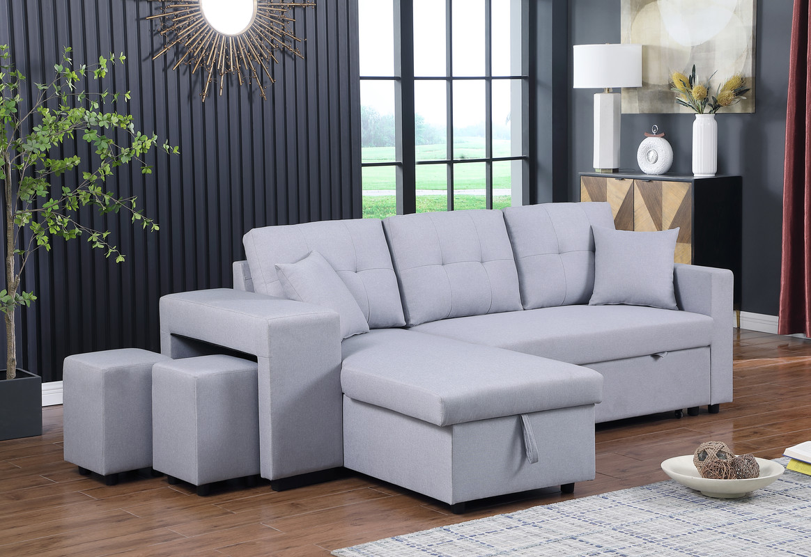 Dennis 93" Light Gray Linen Fabric Reversible Sleeper Sectional with Storage Chaise and 2 Stools