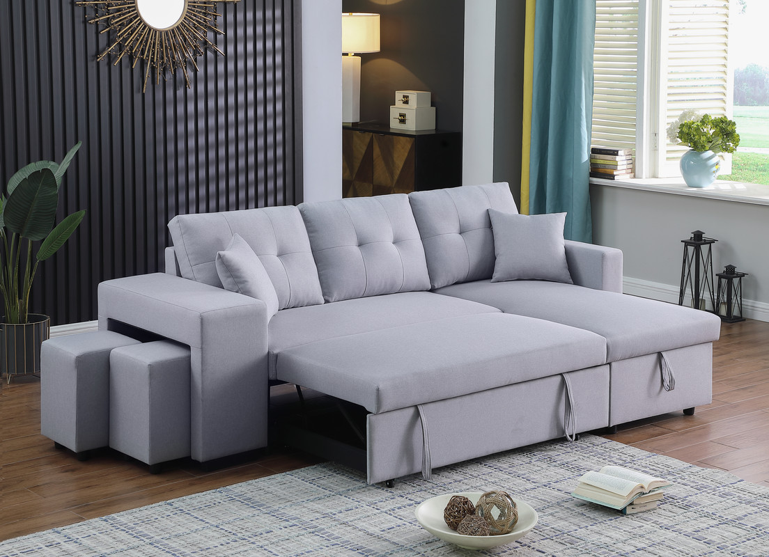 Dennis 93" Light Gray Linen Fabric Reversible Sleeper Sectional with Storage Chaise and 2 Stools