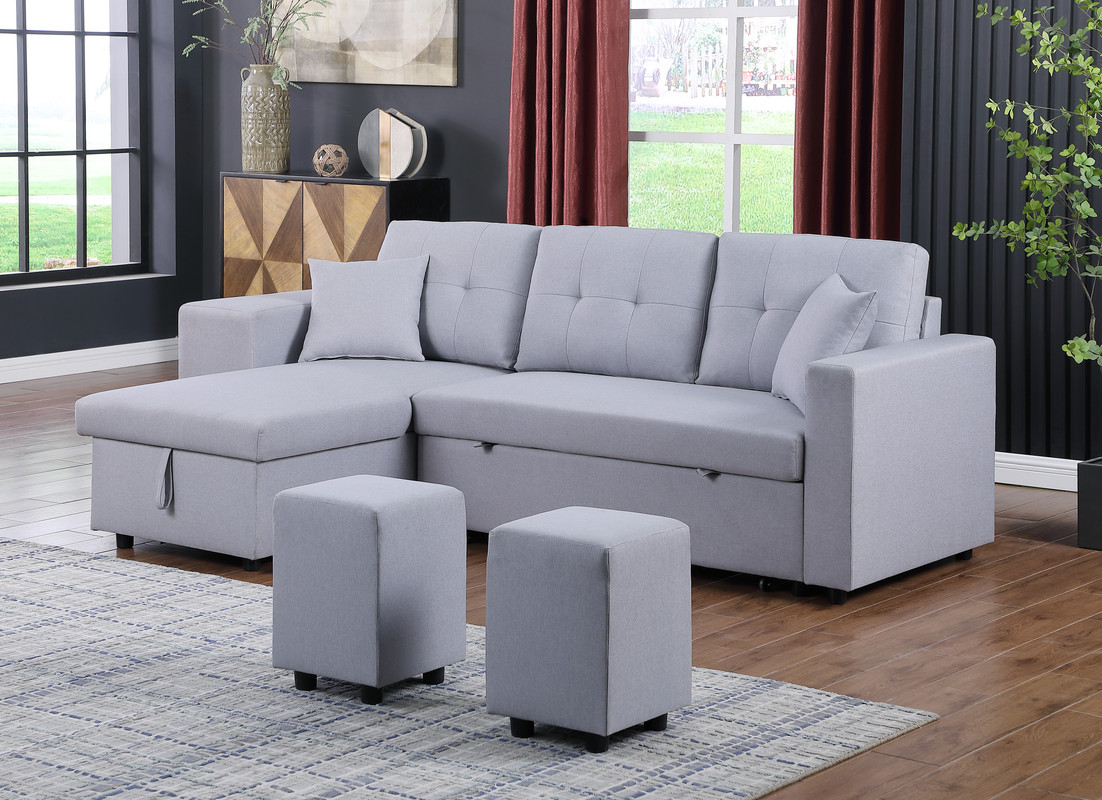 Dennis 93" Light Gray Linen Fabric Reversible Sleeper Sectional with Storage Chaise and 2 Stools