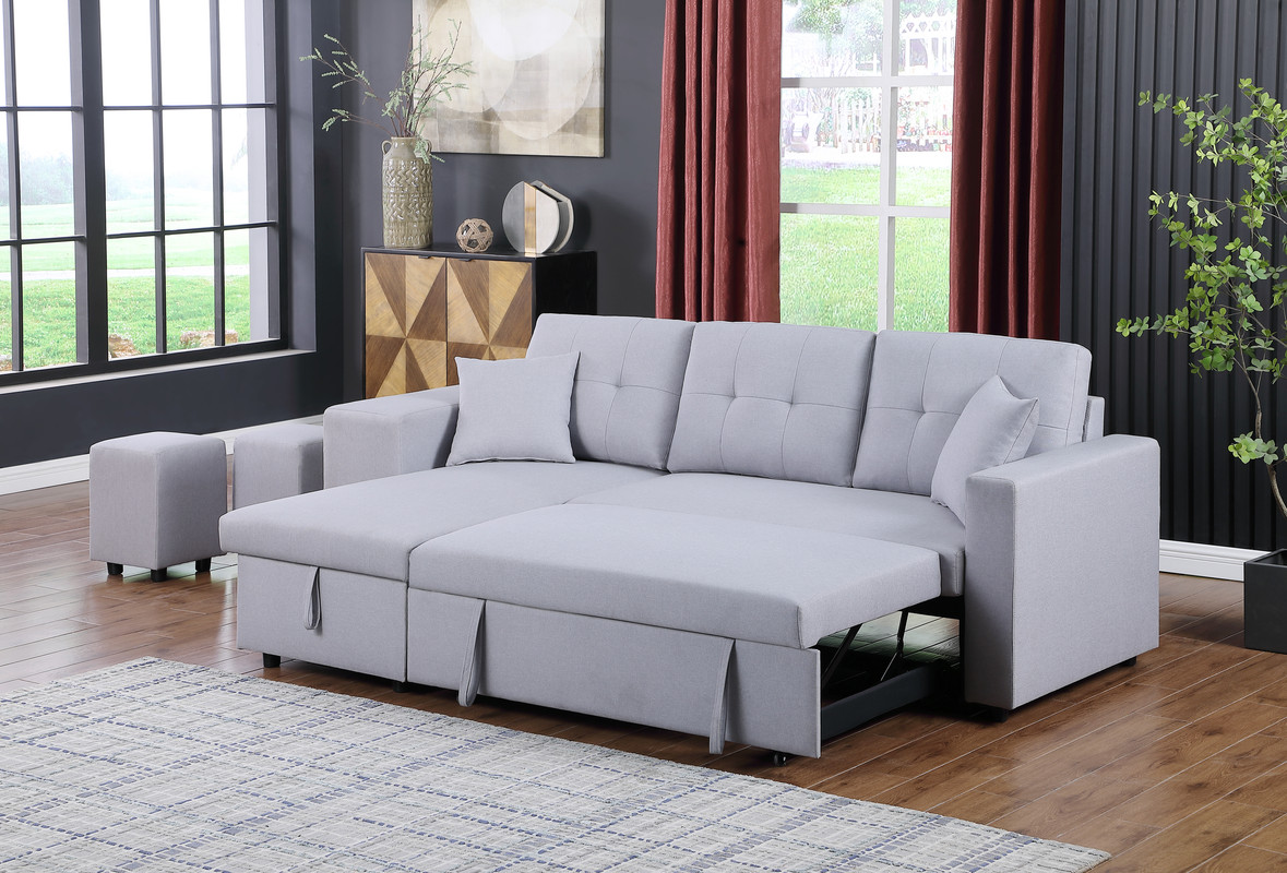 Dennis 93" Light Gray Linen Fabric Reversible Sleeper Sectional with Storage Chaise and 2 Stools