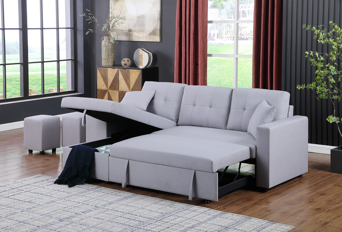 Dennis 93" Light Gray Linen Fabric Reversible Sleeper Sectional with Storage Chaise and 2 Stools