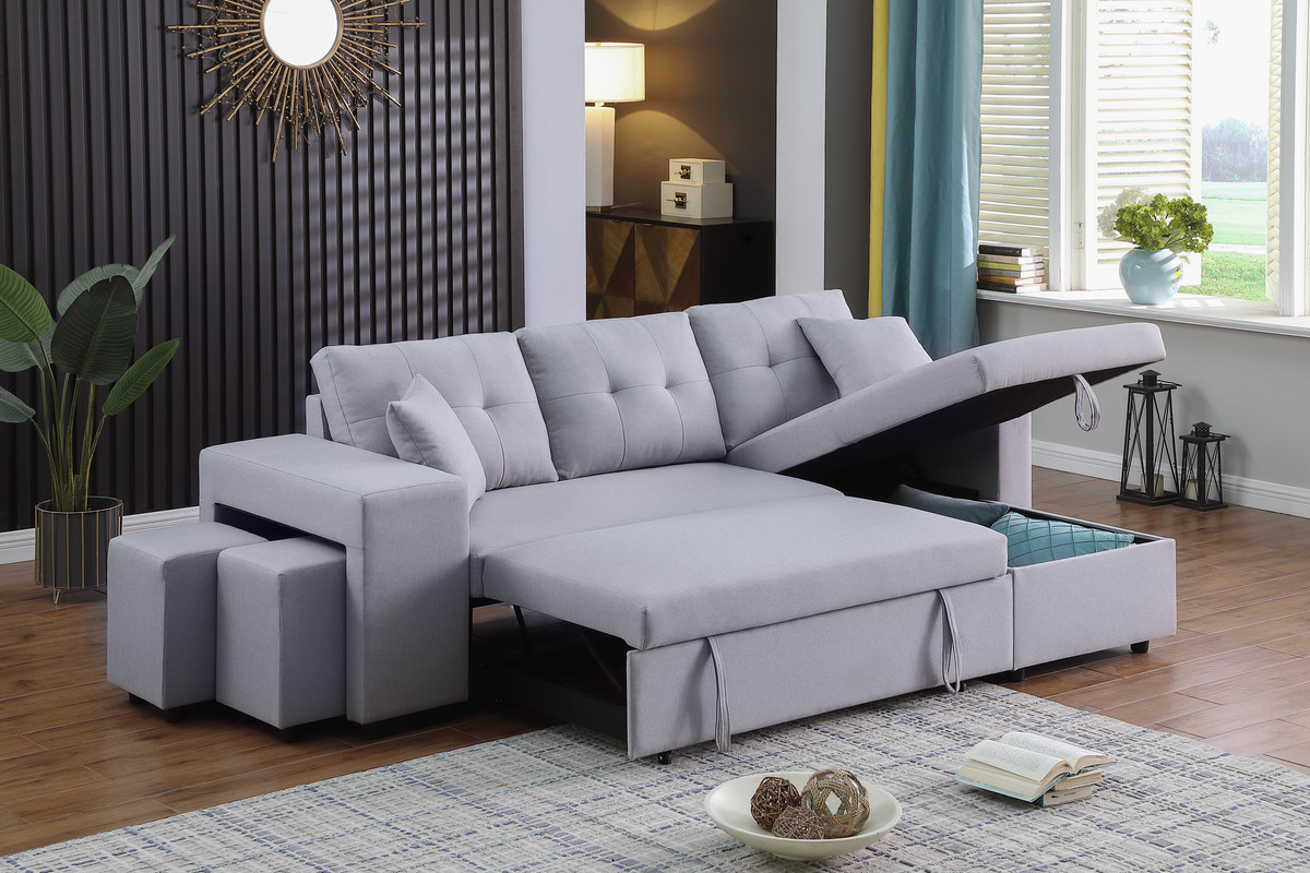 Dennis 93" Light Gray Linen Fabric Reversible Sleeper Sectional with Storage Chaise and 2 Stools