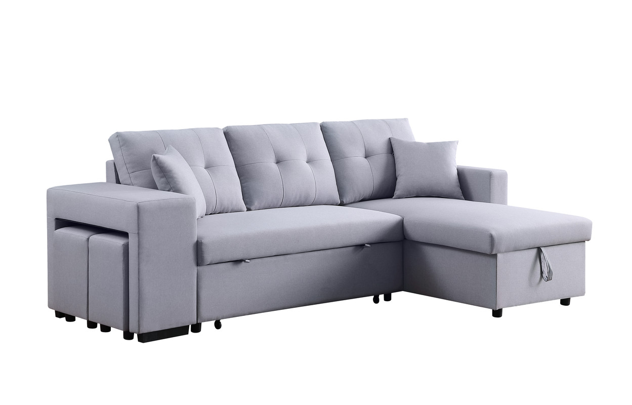 Dennis 93" Light Gray Linen Fabric Reversible Sleeper Sectional with Storage Chaise and 2 Stools