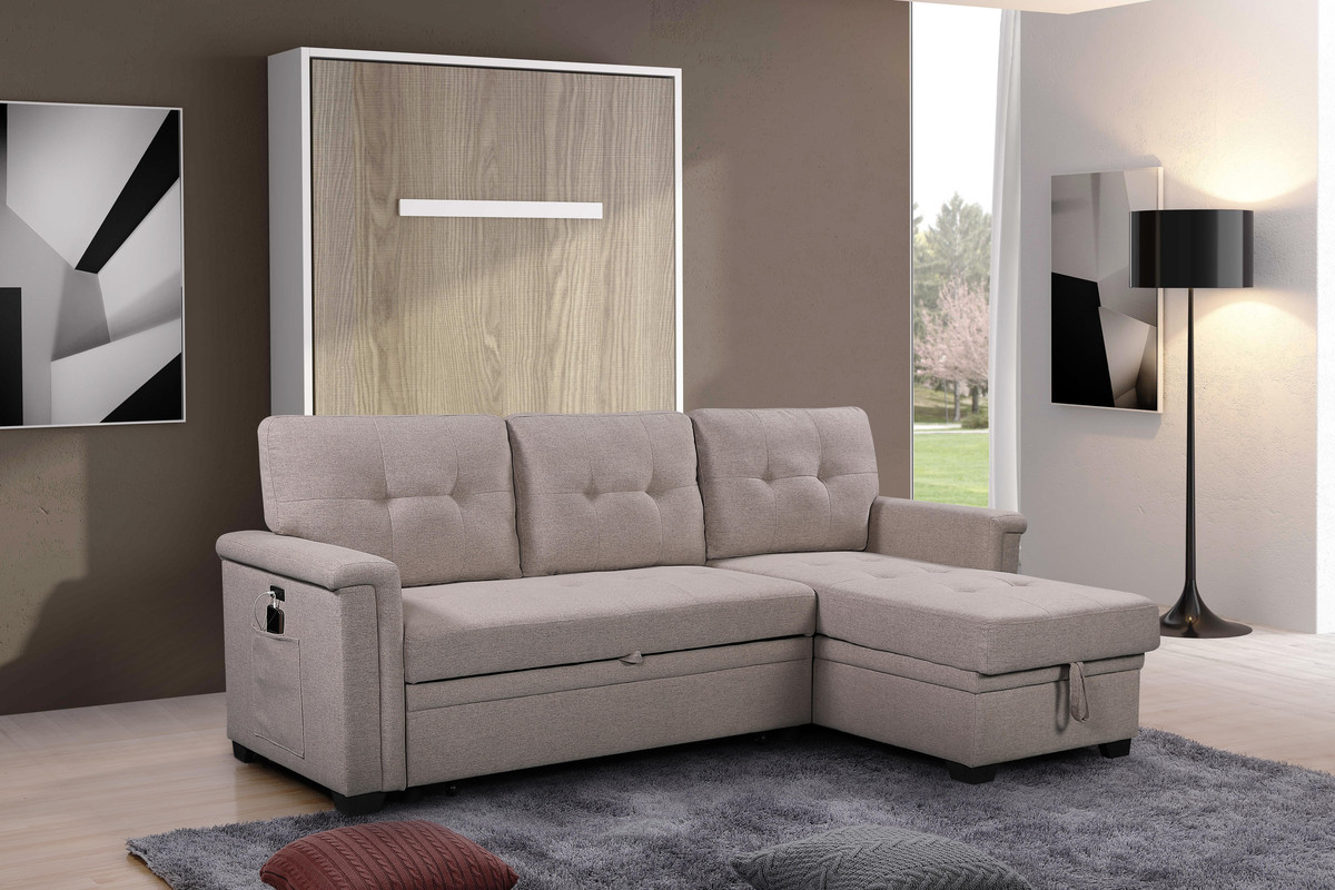 Ashlyn 84" Light Gray Reversible Sleeper Sectional Sofa with Storage Chaise, USB Charging Ports and Pocket