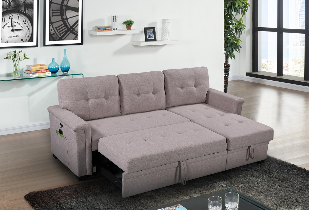 Ashlyn 84" Light Gray Reversible Sleeper Sectional Sofa with Storage Chaise, USB Charging Ports and Pocket