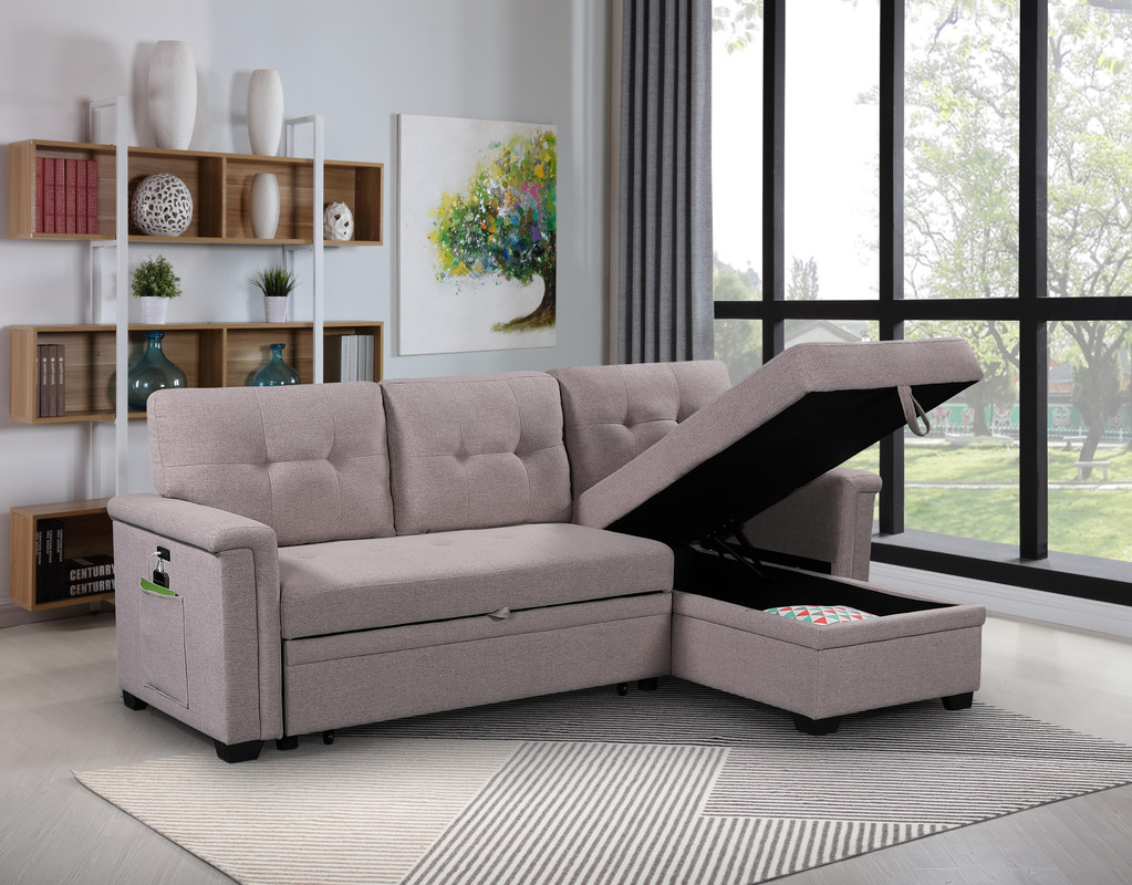 Ashlyn 84" Light Gray Reversible Sleeper Sectional Sofa with Storage Chaise, USB Charging Ports and Pocket