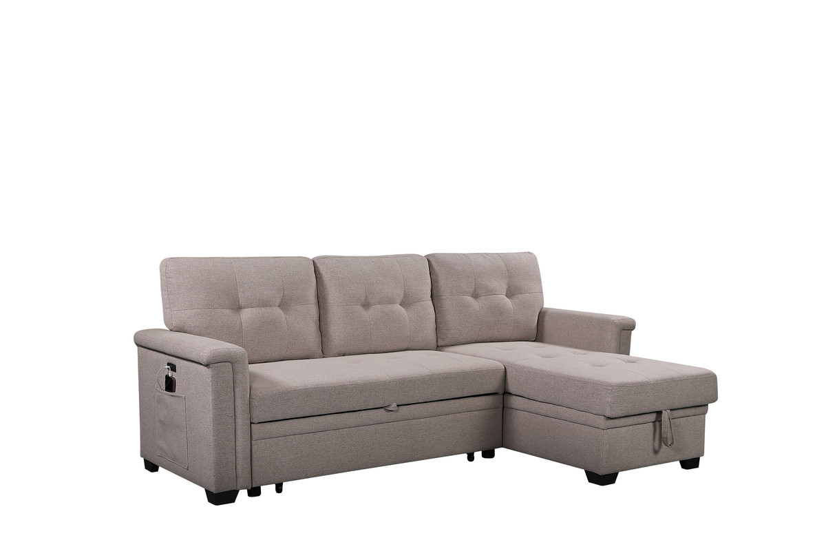 Ashlyn 84" Light Gray Reversible Sleeper Sectional Sofa with Storage Chaise, USB Charging Ports and Pocket