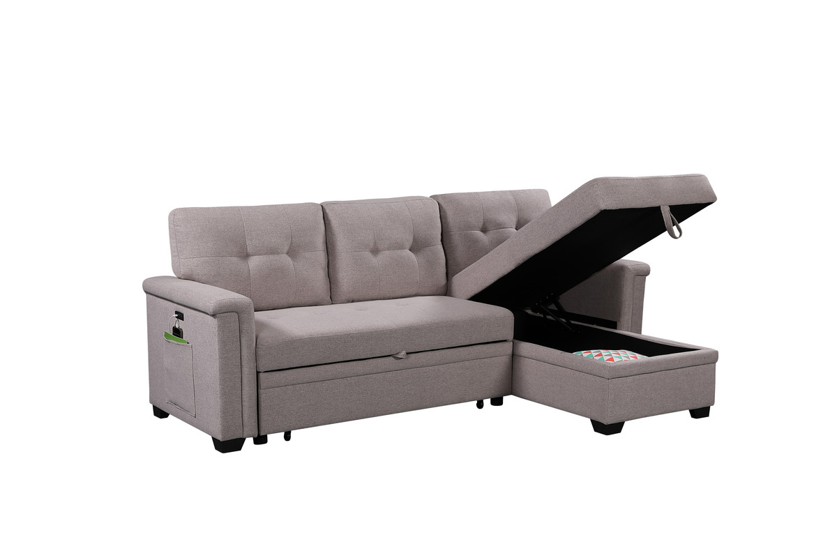 Ashlyn 84" Light Gray Reversible Sleeper Sectional Sofa with Storage Chaise, USB Charging Ports and Pocket