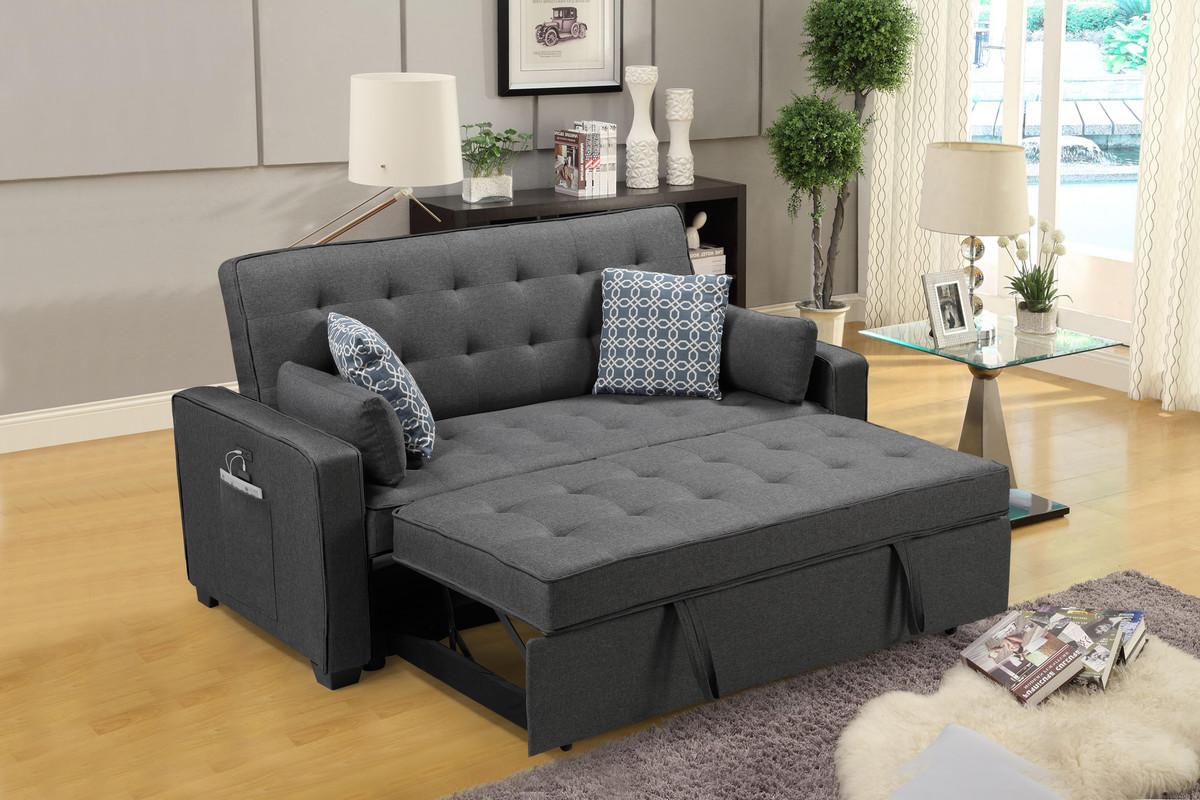 William 75" Modern Gray Fabric Sleeper Sofa with 2 USB Charging Ports and 4 Accent Pillows