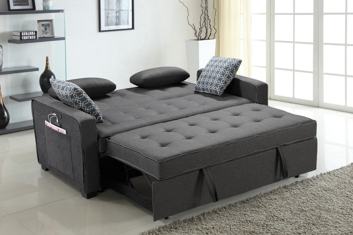 William 75" Modern Gray Fabric Sleeper Sofa with 2 USB Charging Ports and 4 Accent Pillows