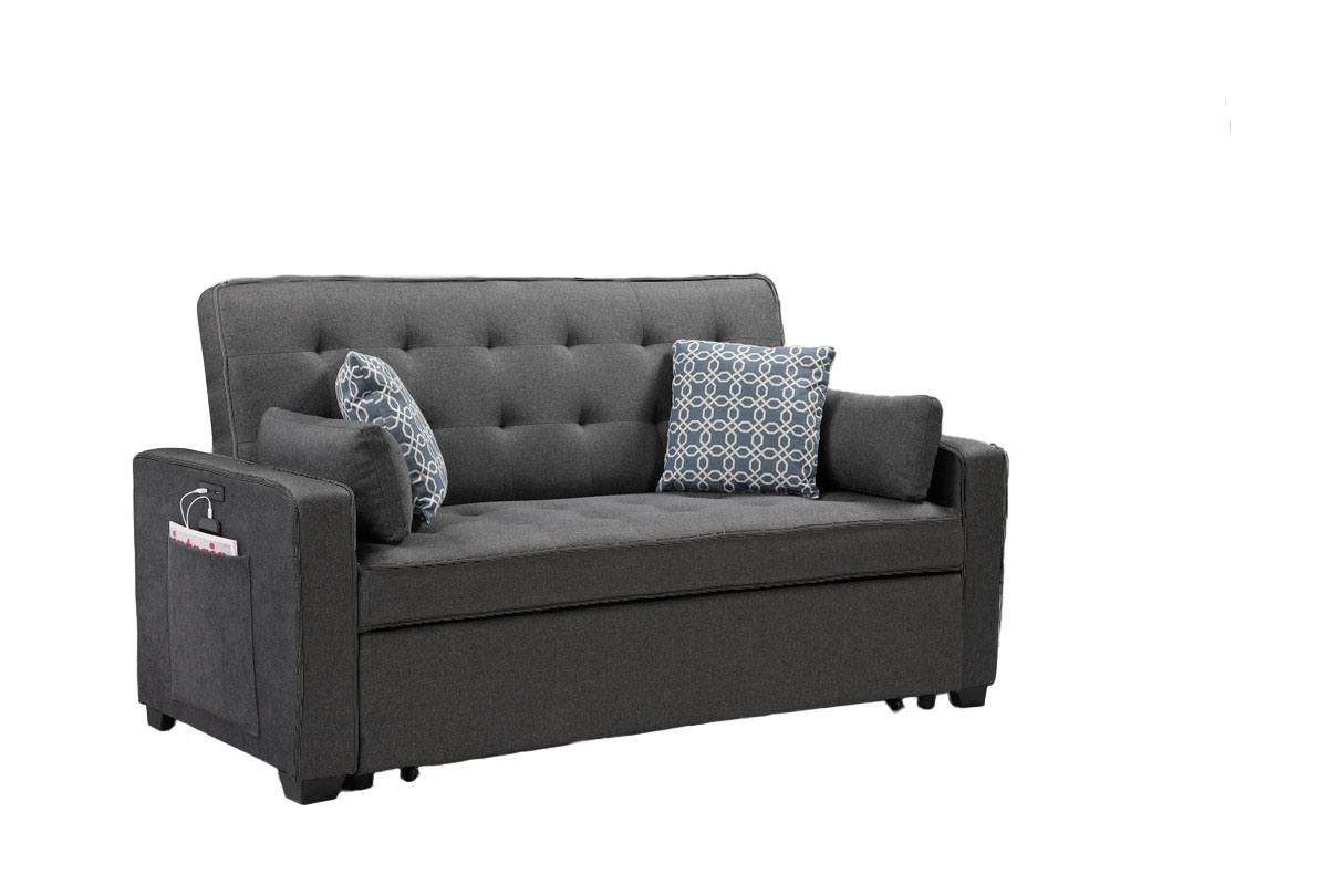 William 75" Modern Gray Fabric Sleeper Sofa with 2 USB Charging Ports and 4 Accent Pillows