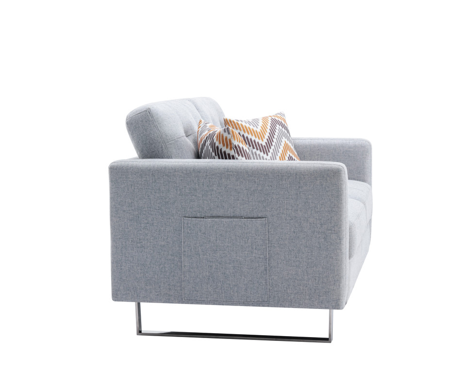 Victoria 53.5" Light Gray Linen Fabric Loveseat with Metal Legs, Side Pockets, and Pillows