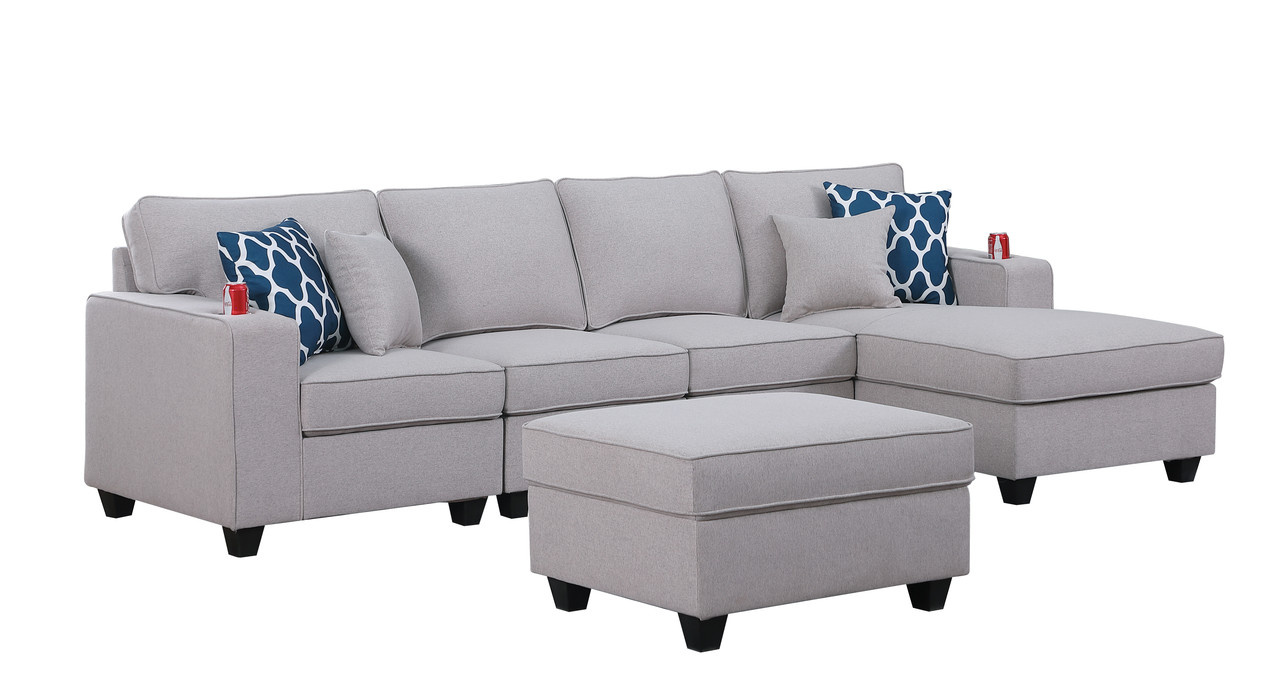 Cooper 119.5" Light Gray Linen 5Pc Sectional Sofa Chaise with Ottoman and Cupholder