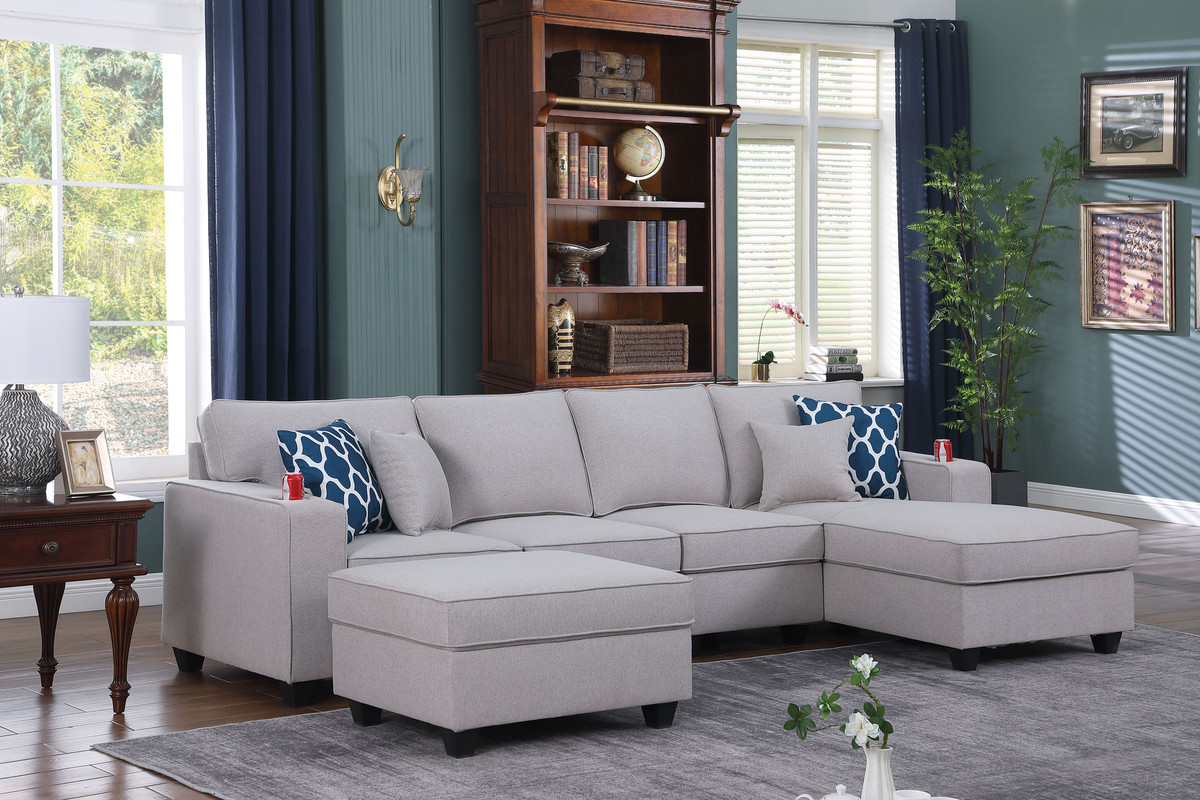 Cooper 119.5" Light Gray Linen 5Pc Sectional Sofa Chaise with Ottoman and Cupholder