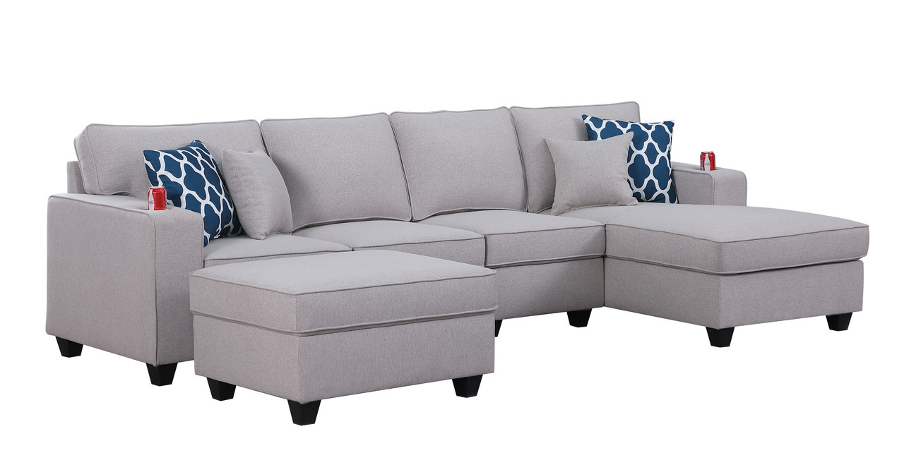 Cooper 119.5" Light Gray Linen 5Pc Sectional Sofa Chaise with Ottoman and Cupholder